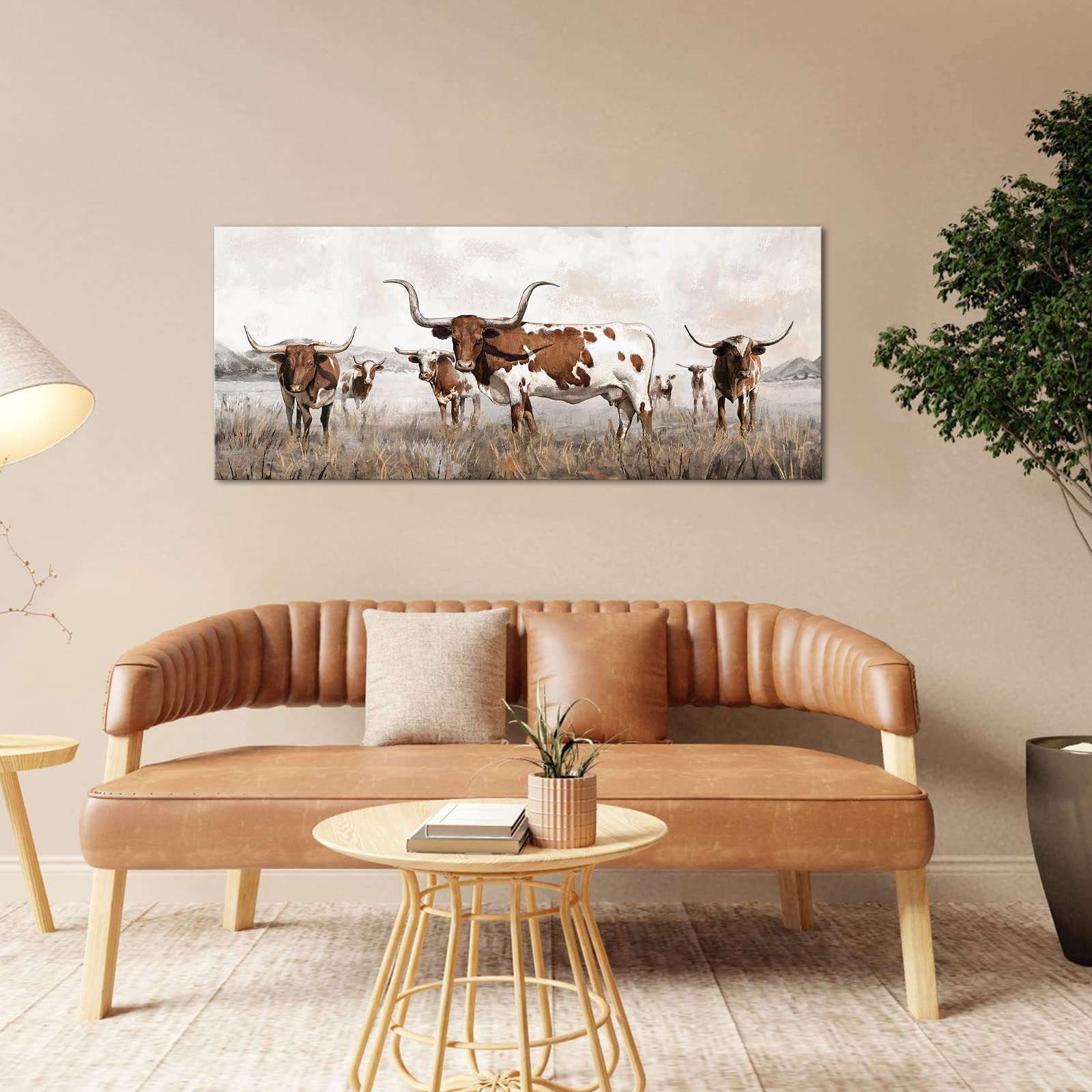 Visual Art Decor Large Texas Longhorn Canvas Wall Art Decor Western Farmhouse Cow Cattle Picture Art Prints for Living Room  Kitchen  Bedroom  Office & Home Decor Gift Ready to Hang (Brown)