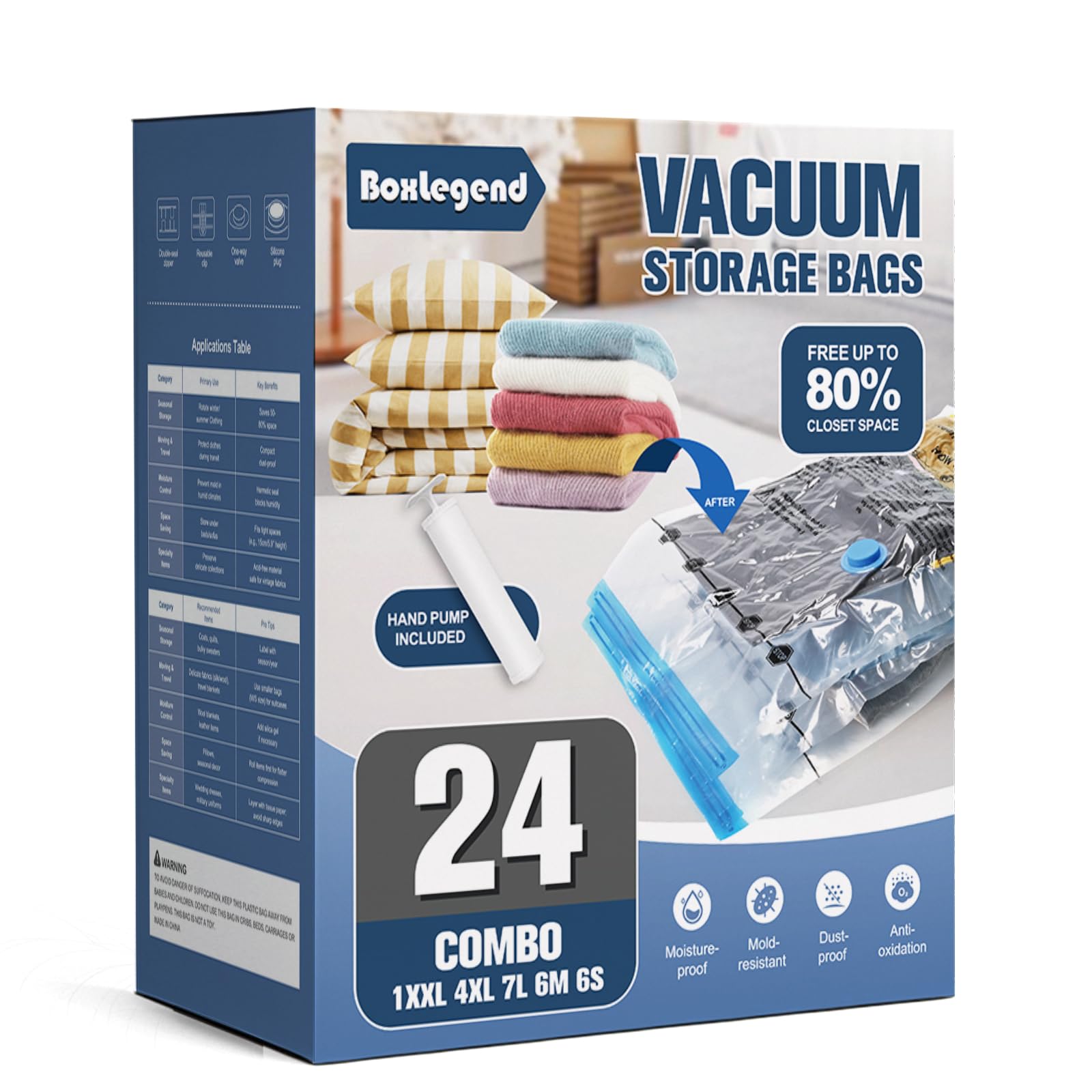 BoxLegend Vacuum Storage Bags with Large Hand Pump 24 Combo (1X-Jumbo, 4 Jumbo, 7 Large, 6 Medium, 6 Small) Thickened Vacuum Sea
