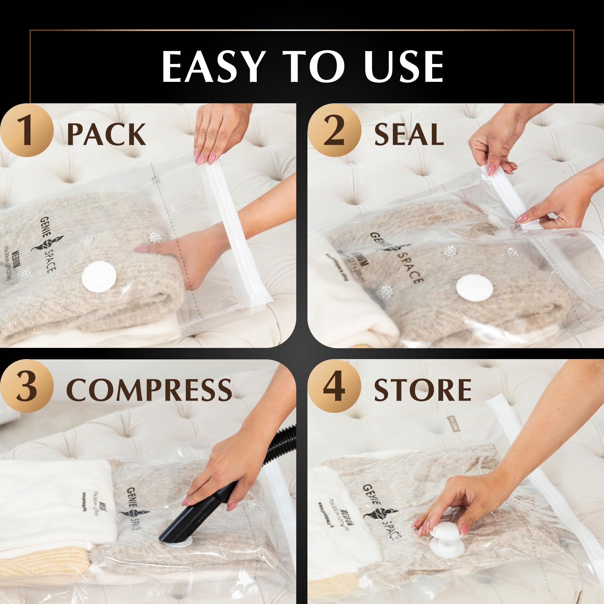 Genie Space - Incredibly Strong Premium Space Saving Vacuum Bags Storage | Variety 5 Pack (1Mx+2Xl+2L) | Airtight & Reusable | C