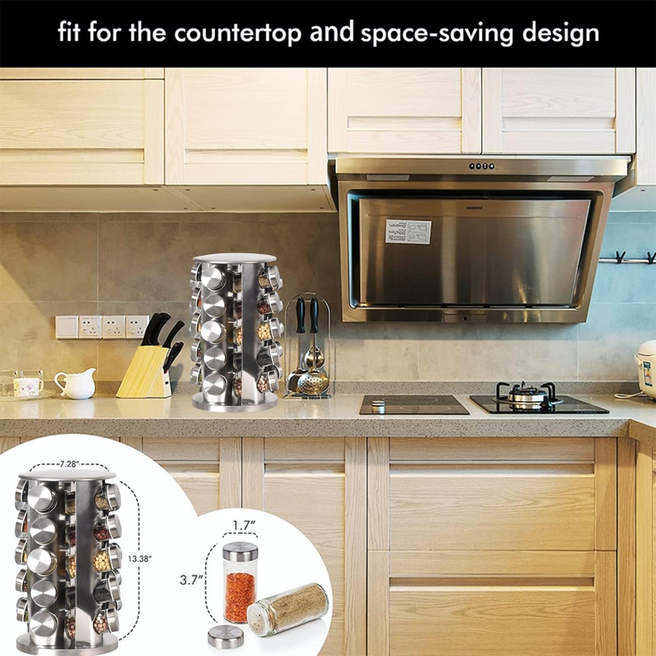 EBIZ&TECH 20-Jar Stainless Steel Rotating Spice Rack with Non-Slip Base - Kitchen Countertop Organizer for Easy Access and Stora