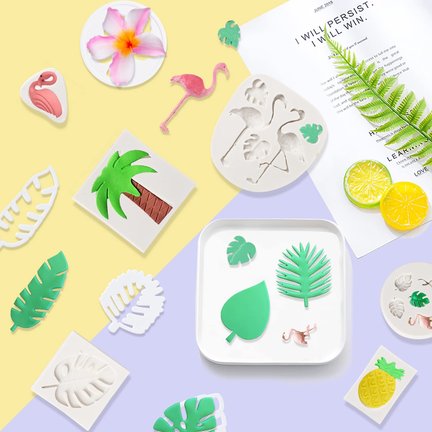 Zainpe 13Pcs Hawaiian Tropical Cake Decoration Flamingo Fondant Molds Pineapple Rain Forest Leaves Tree Theme Candy Chocolate Mo