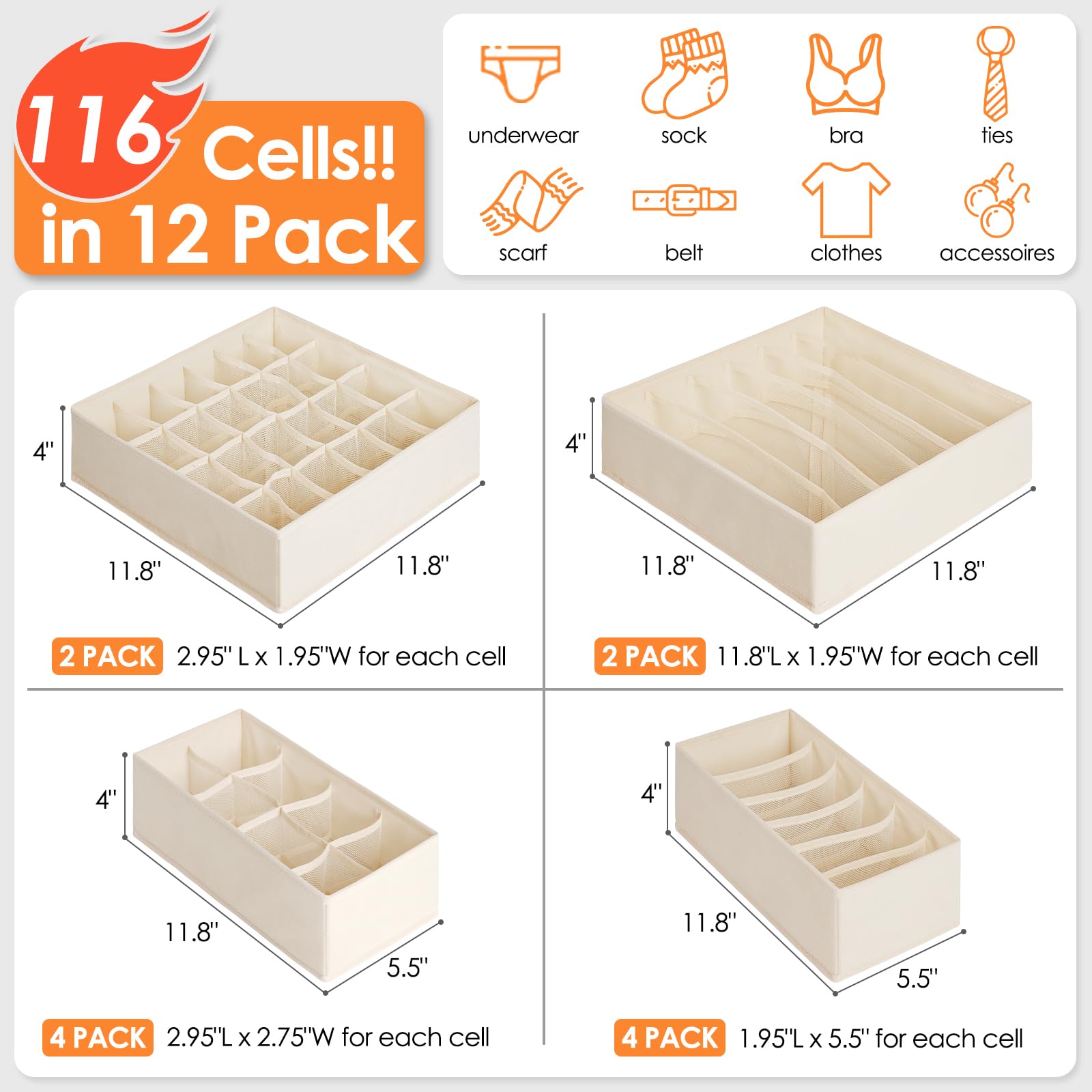 12 Pack Baby Clothes Organizer for Nursery, 116 Cells Fabric Foldable Dresser Closet Organizers and Storage Bins for Clothing, W