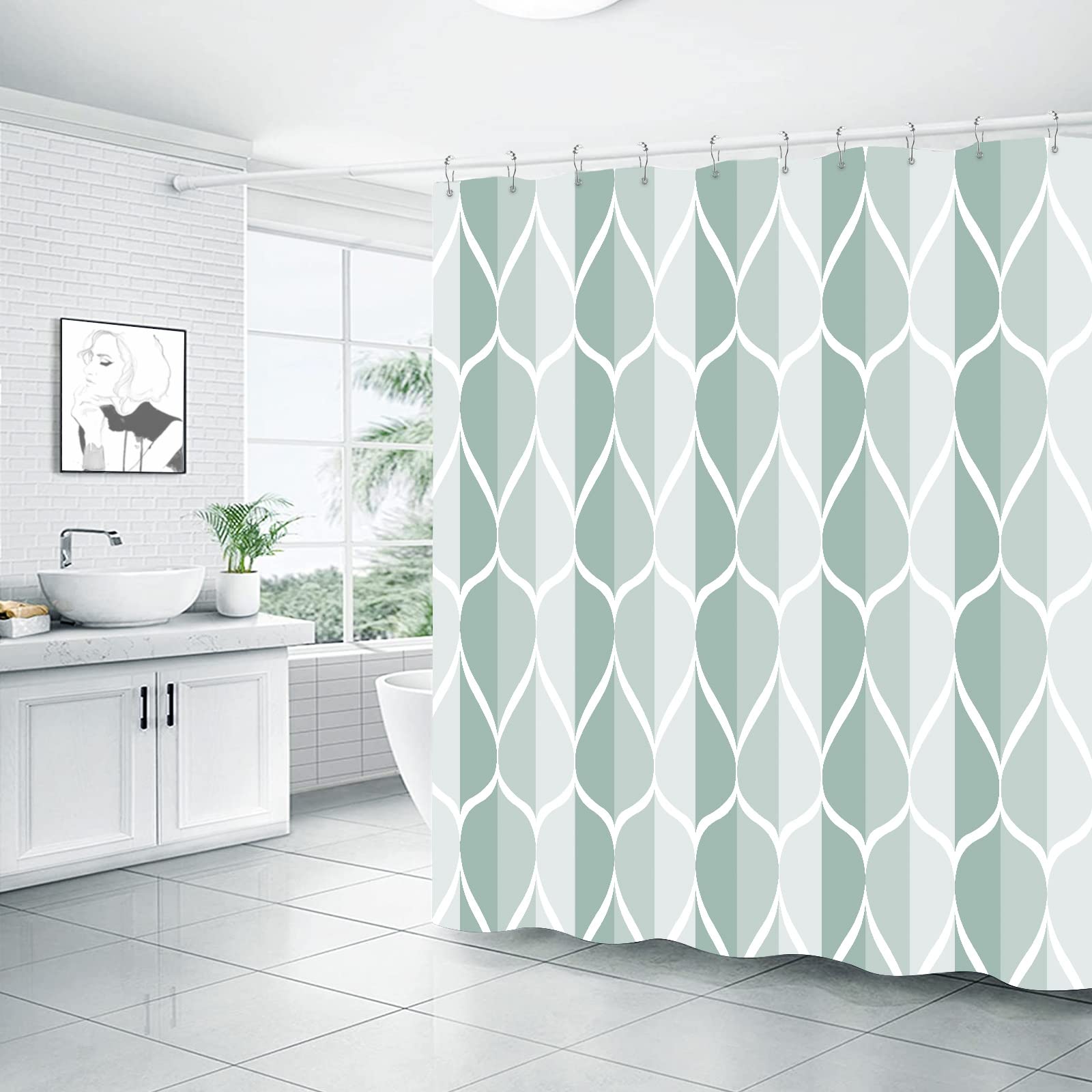 Gelbchu Dark Green Geometric Shower Curtain  Waterproof Design and Polyester  Quick-Drying  Weighted Hem  Green Fabric Shower Curtains Set for Bathroom W 72 x H 72  Durable and Washable with 12 Hooks