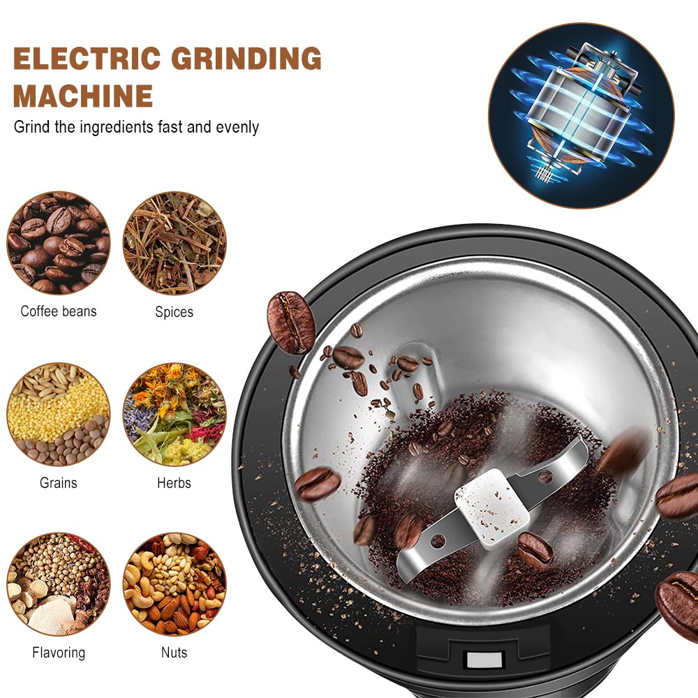 Finphoon Coffee Grinder Electric, Herb Grinder, Coffee Bean Grinder Small, Spice Grinder With Integrated Brush Spoon For One-Tou