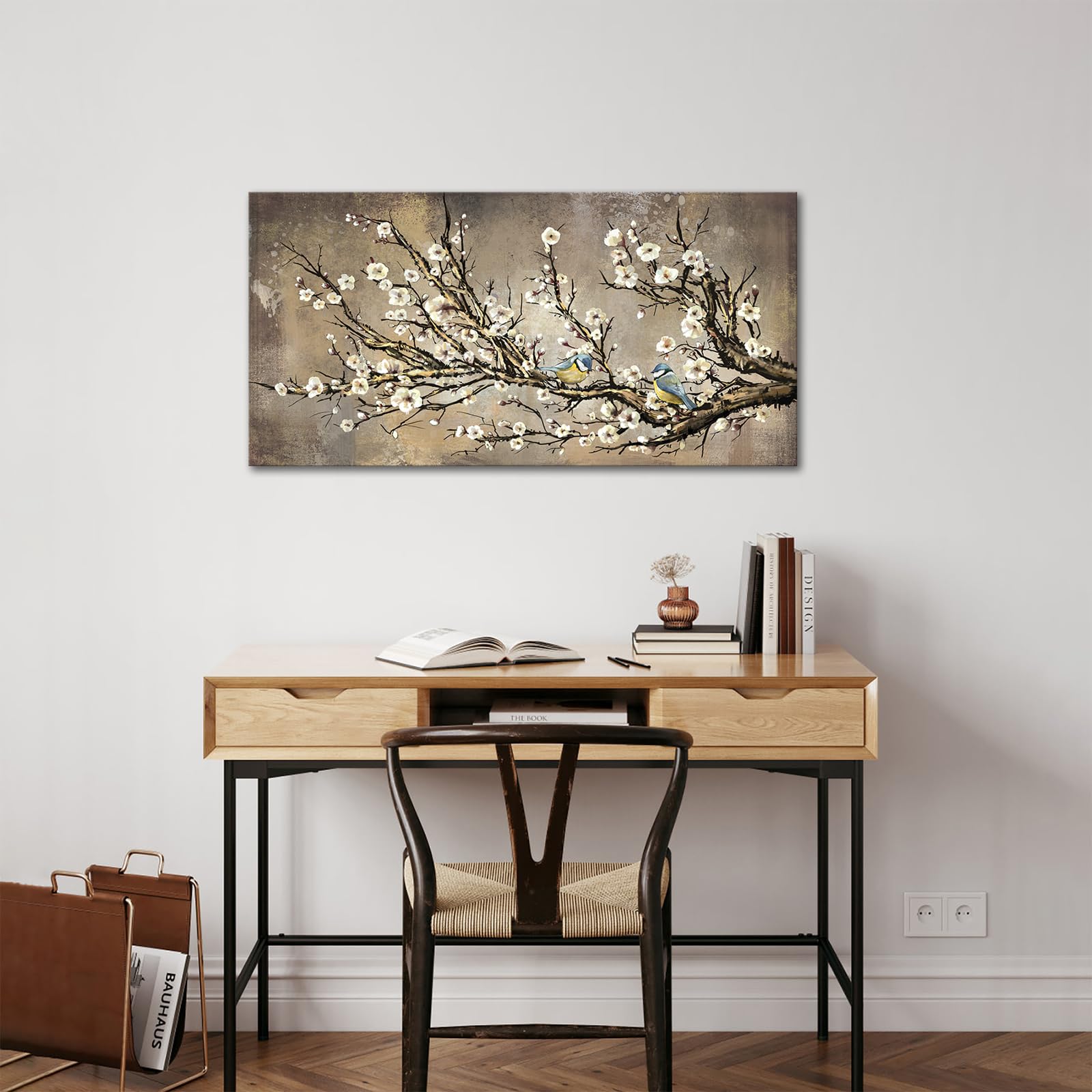 Sechars Large Plum Blossoms Flower Wall Art Canvas Vintage Brown Yellow Floral Traditional Chinese Painting Print Framed Modern