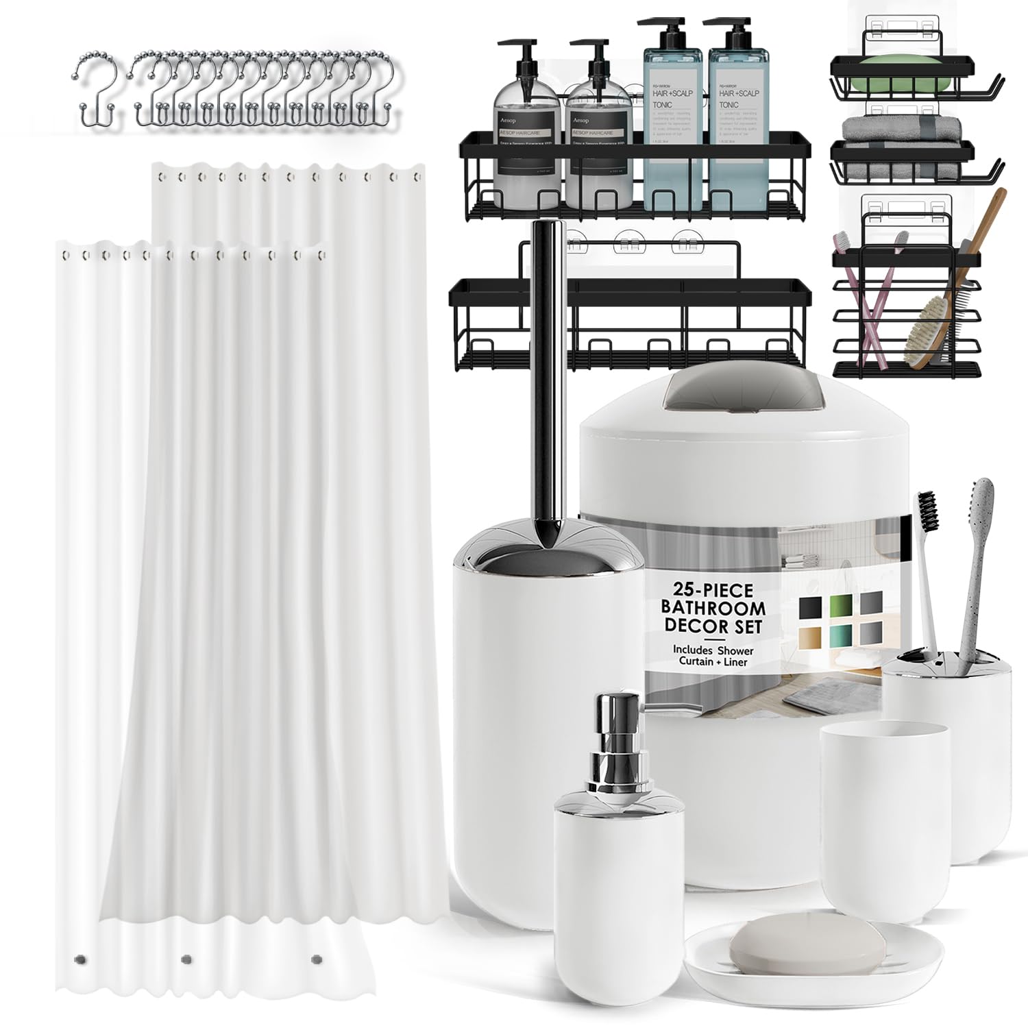 Clara Clark Bathroom Accessories Set - Bathroom Set with Adhesive Corner Shower Caddy Hanging, 25PC Bathroom Accessory Set, Whit