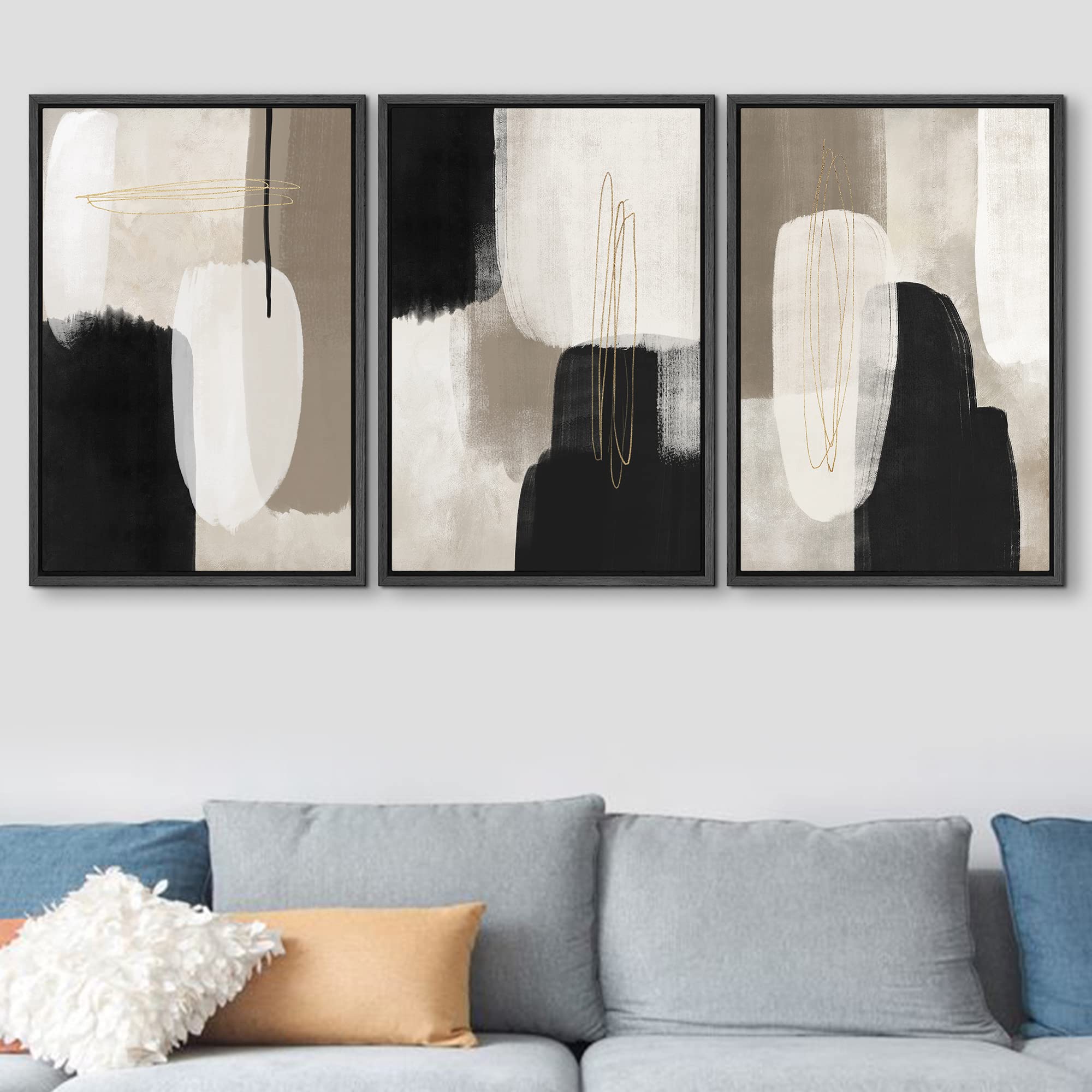 Signford Framed Canvas Print Wall Art Set Black & Gray Pastel Paint Stroke Collage Abstract Shapes Digital Art Modern Art Decora