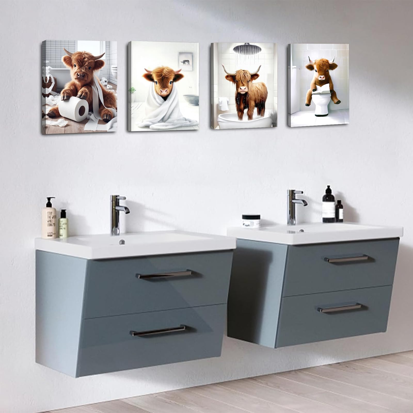 TWNSLLA Framed Bathroom Wall Art, Funny Highland Cow Prints, Rustic Farmhouse Decor, 8x10 inches, Set of 4
