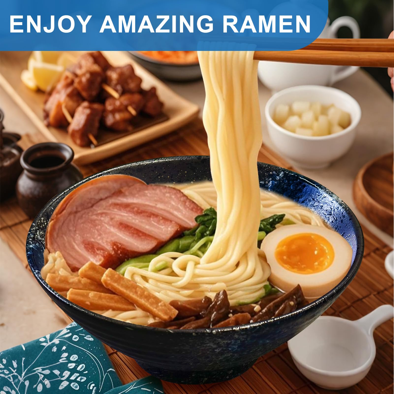 9.4Inch Ceramic Ramen Bowl Set of 2 (9 Piece) - Porcelain Japanese Salad Noodles Cereal Fruit Pasta Soup Large Bowls with Recipe