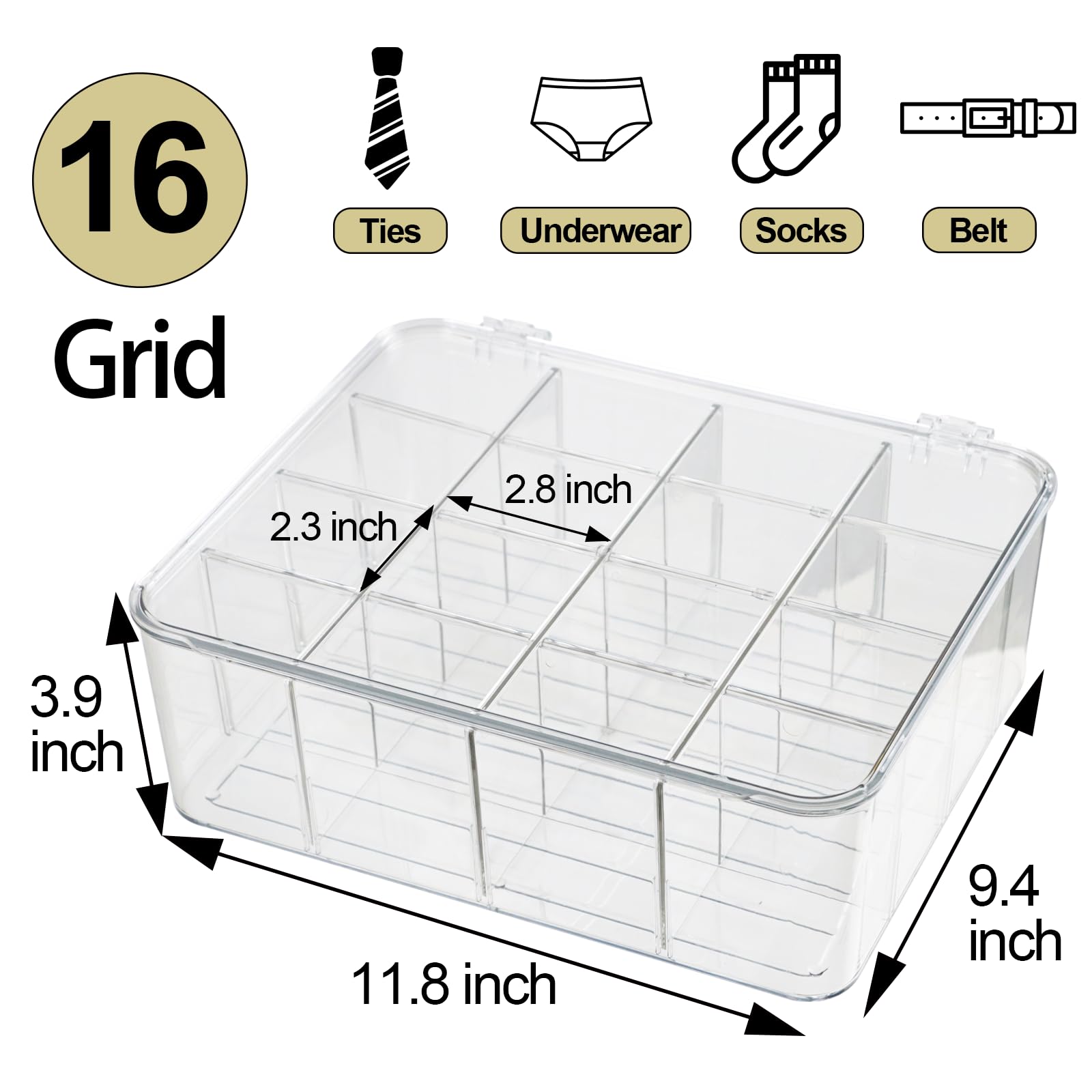 ZEXALOR Socks Underwear Drawer Organzier Dividers, 16 Compartment Removable Divided Plastic Storage Bin with Lid, Storage Organi