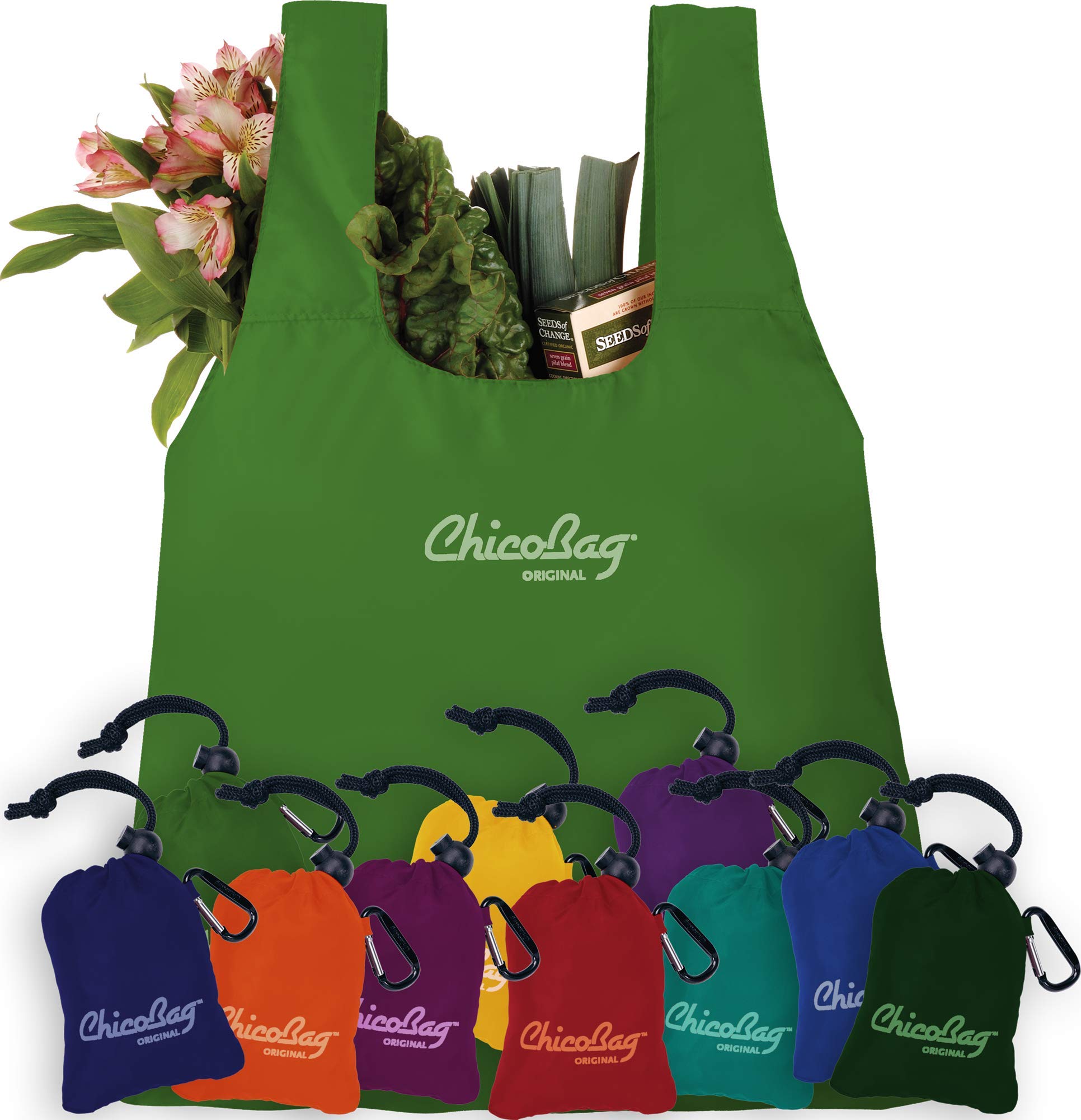 ChicoBag Original Reusable Tote Bag with Carabiner Clip  Compact Reusable Grocery Bags  Eco Friendly  Pale Green (Pack of 4)