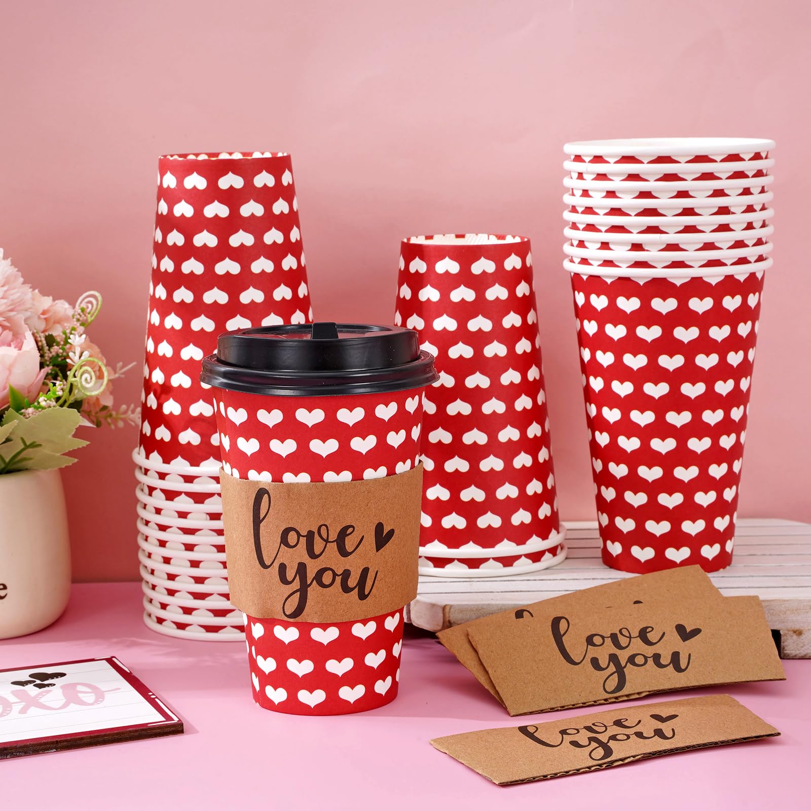 Jarthenaamcs 48 Pack Red White Heart Disposable Coffee Cups With Lids And Sleeves Valentine'S Day Paper Cups Love Drinking Cups