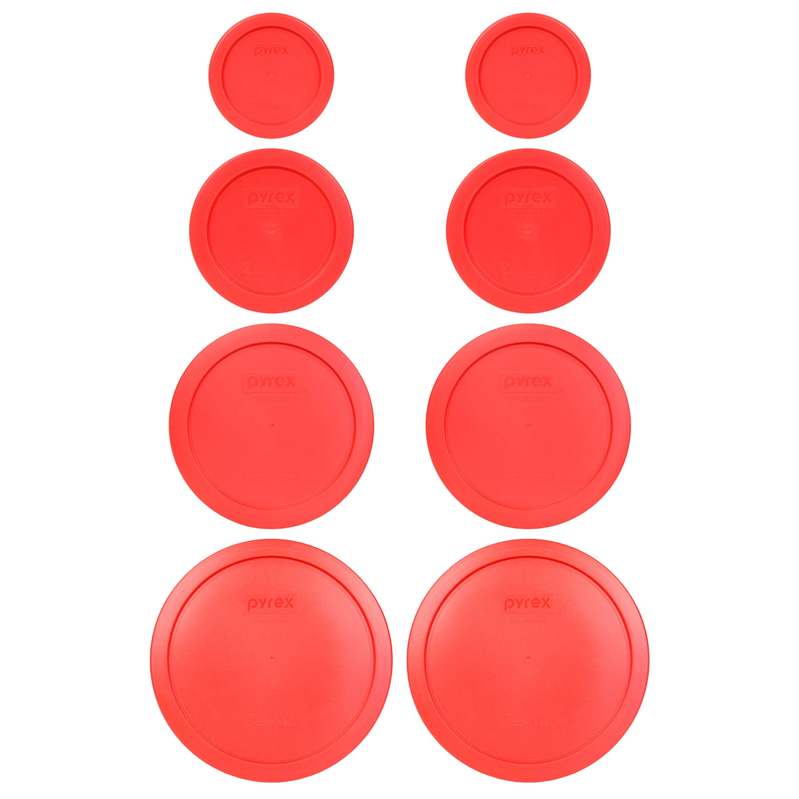 Pyrex (2) 7202-Pc 1 Cup, (2) 7200-Pc 2 Cup, (2) 7201-Pc 4 Cup, (2) 7402-Pc 6/7 Cup Red Round Plastic Food Storage Lids, Made In