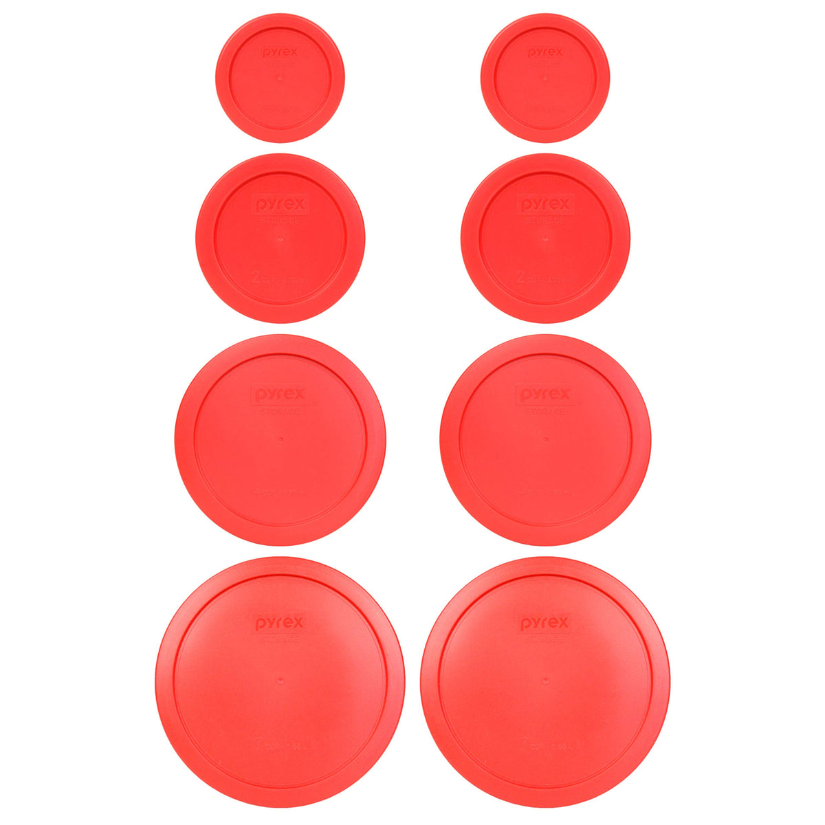 Pyrex (2) 7202-Pc 1 Cup, (2) 7200-Pc 2 Cup, (2) 7201-Pc 4 Cup, (2) 7402-Pc 6/7 Cup Red Round Plastic Food Storage Lids, Made In