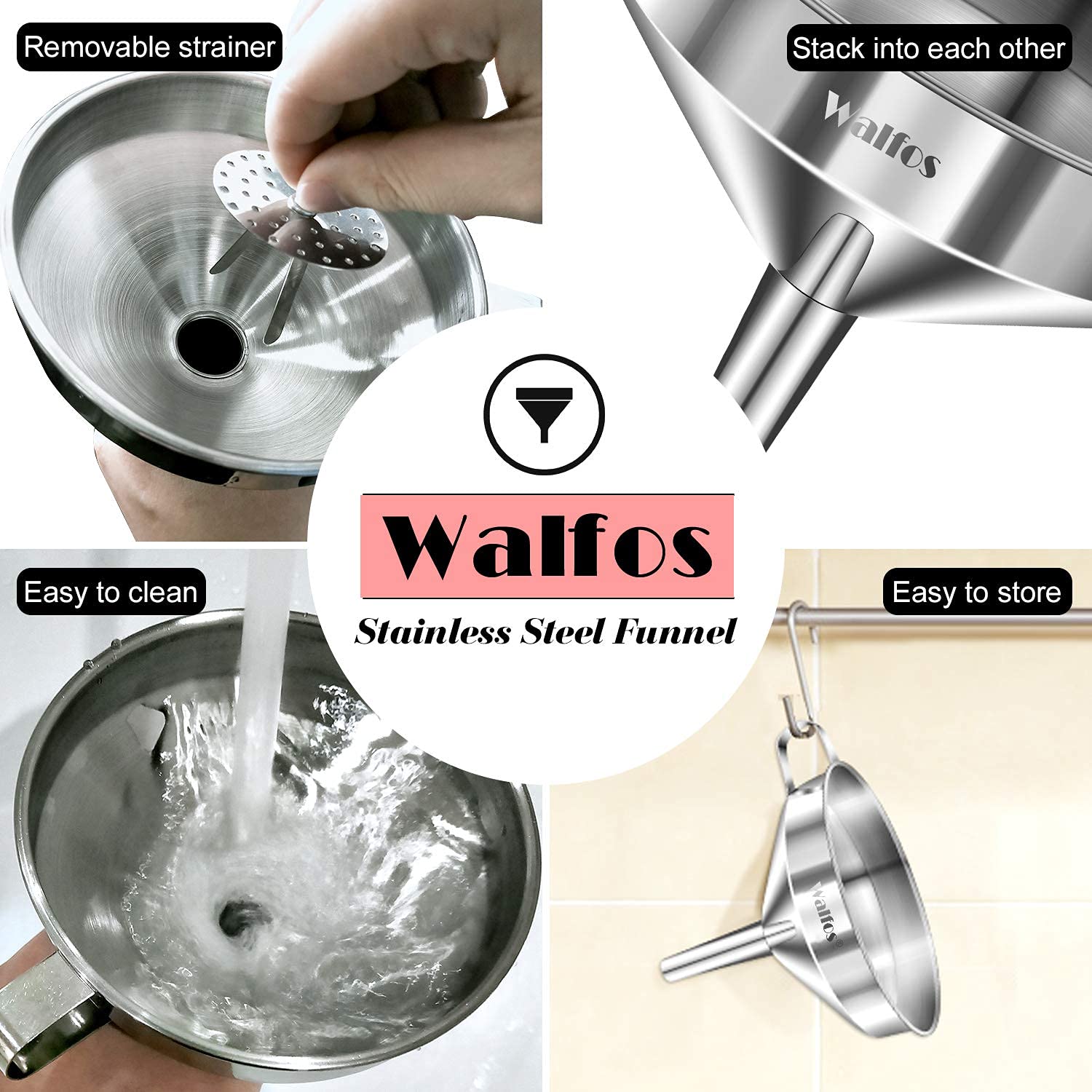 Large Stainless Steel Funnel, Walfos Kitchen Funnel With 2 Removable Strainer & 1Pc Cleaning Brush, Perfect For Transferring Of