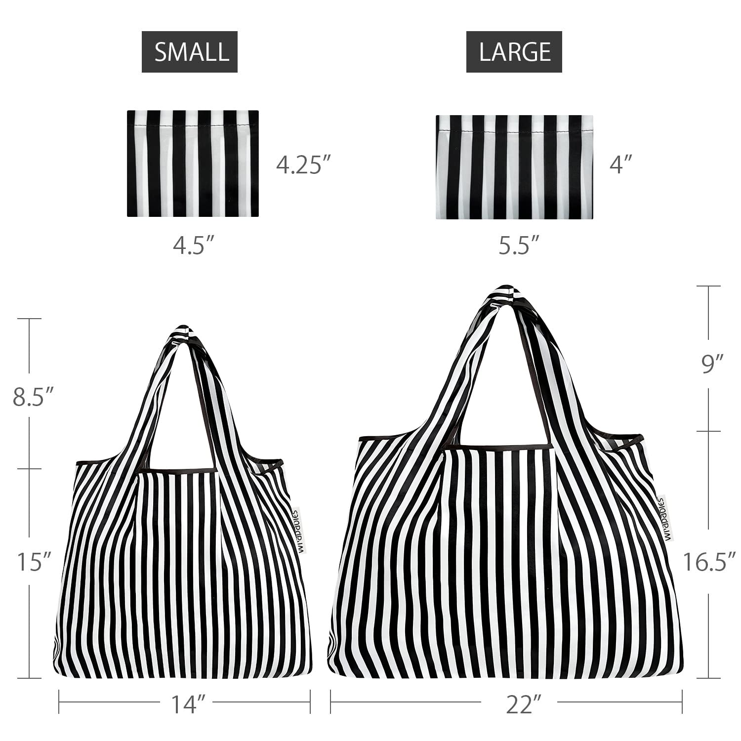 Allydrew Large & Small Foldable Tote Nylon Reusable Grocery Bags, Set Of 2, Black Stripes