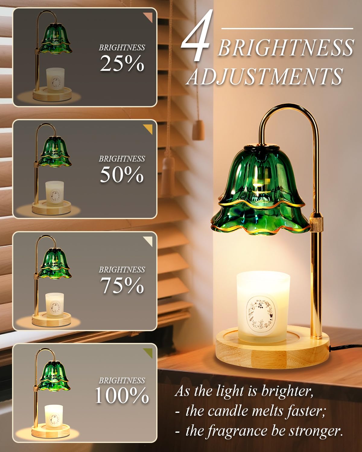 Green Candle Warmer Lamp with Timer Dimmable, Flower Candle Warming Light Height Adjustable, Wax Melt Warmer Candle Lamp for Jar