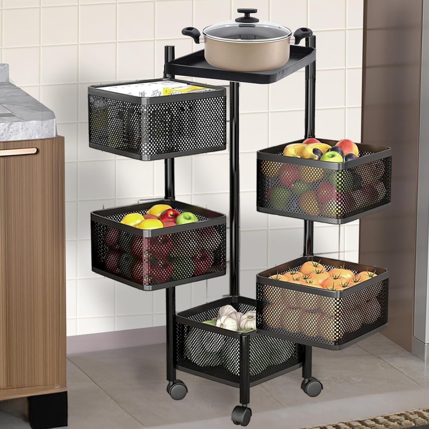 Kuber Industries Storage Rack | 5Layer Revolving Vegetable Kitchen Rack | Square Multipurpose Storage Trolley With Wheels | Met