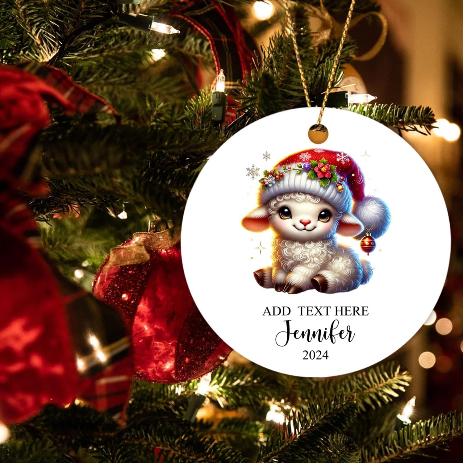 Custom Cow Christmas Ornament 2025, Cute Cow Ornaments for Christmas Tree, Personalized Baby Animal Santa Hat Xmas Ornament, Gif