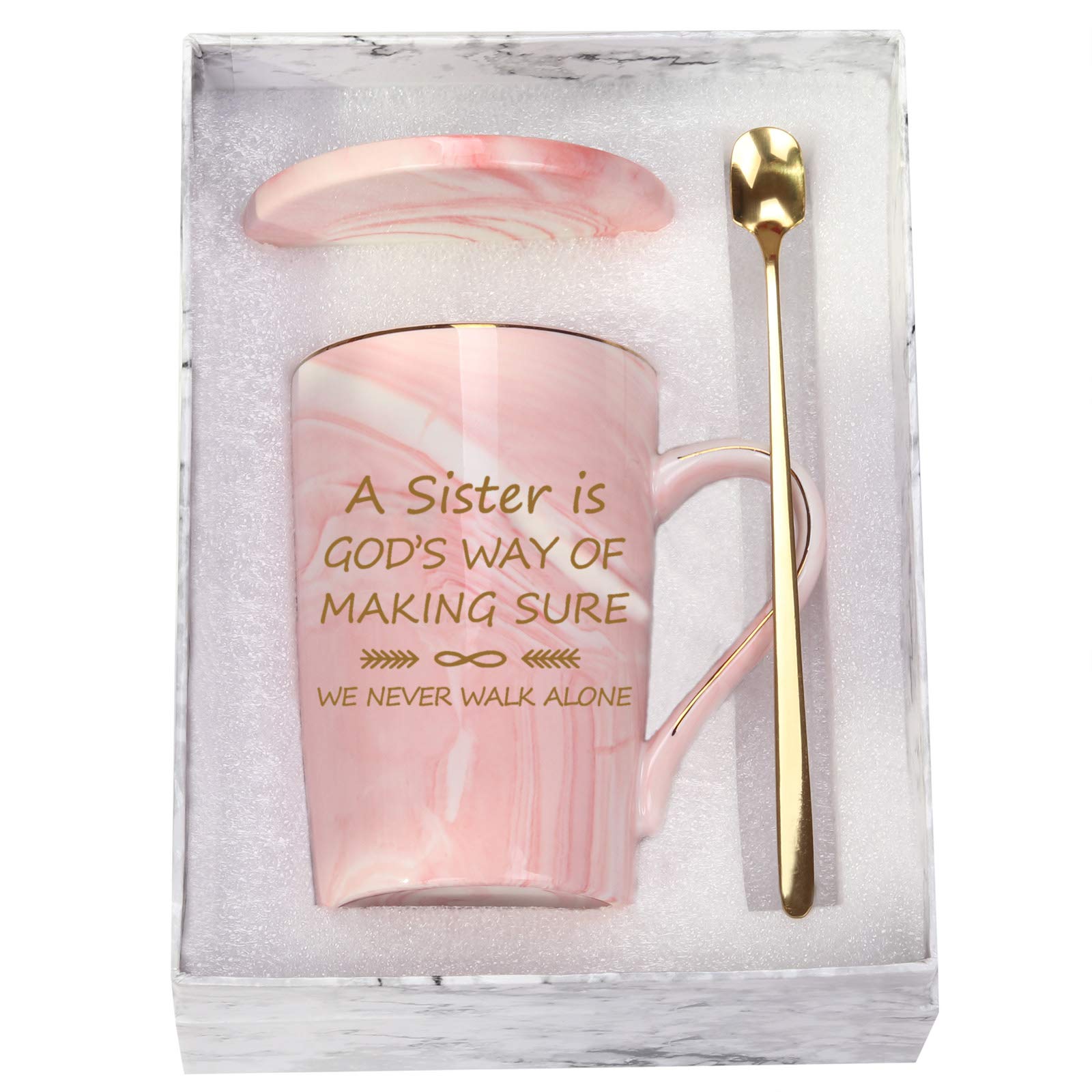 Pink Coffee Mug With Box Spoon Coaster A Sister Is Gods Way Of Making Sure We Never Walk Alone Coffee Cup Birthday Gifts For Sis
