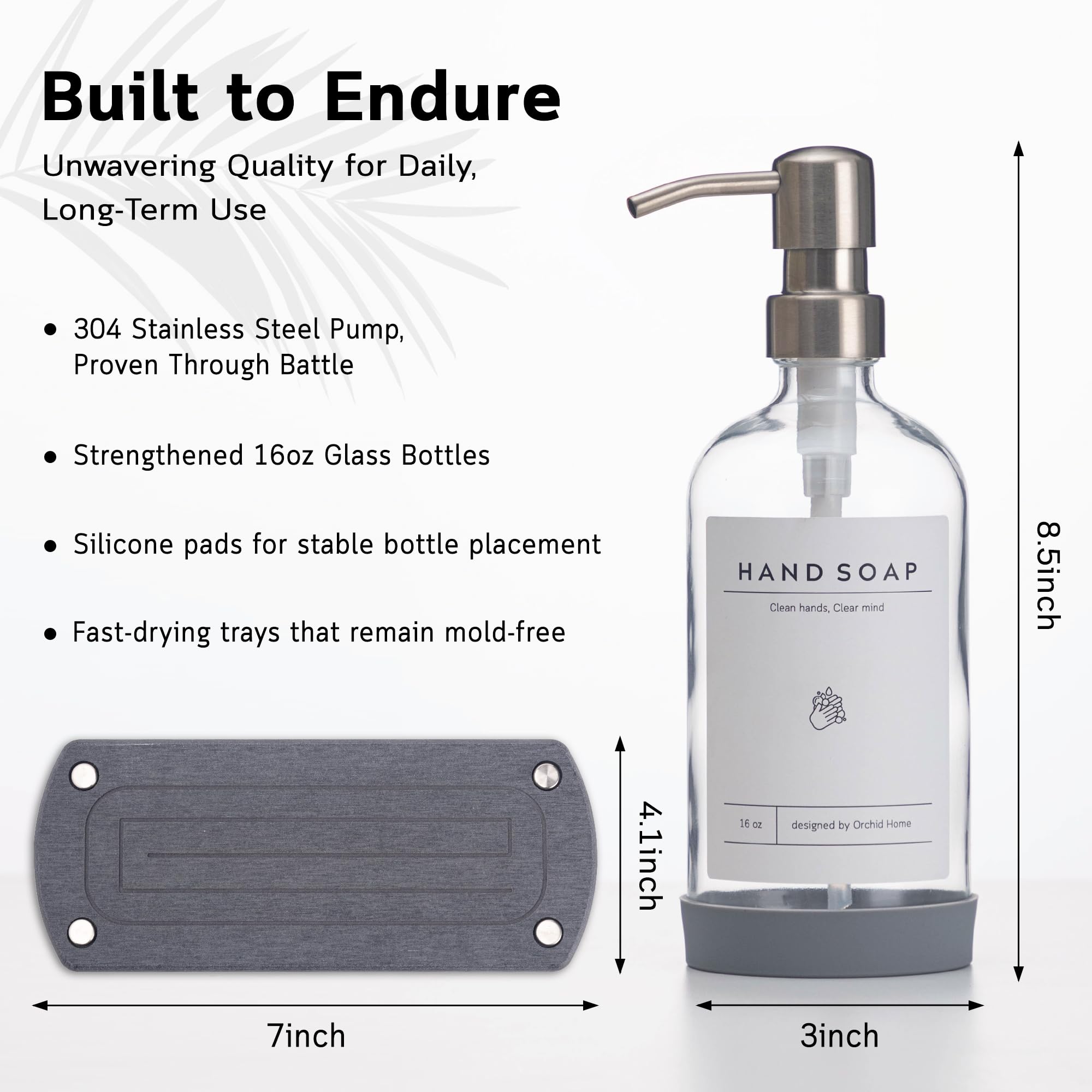 [Luxury] Kitchen Soap Dispenser Set - 16Oz Clear Glass Bottle, Stainless Steel Pump, Instant Dry Tray, Waterproof Labels, Non-Sl