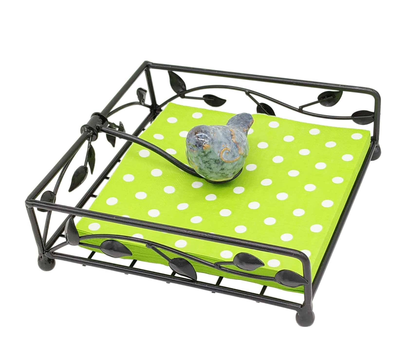 OwlGift Collection Black Coated Metal Flat Napkin Holder Dispensing Stand w/Ceramic Bird  Kitchen and Countertop Flat Napkin Storage Organizer