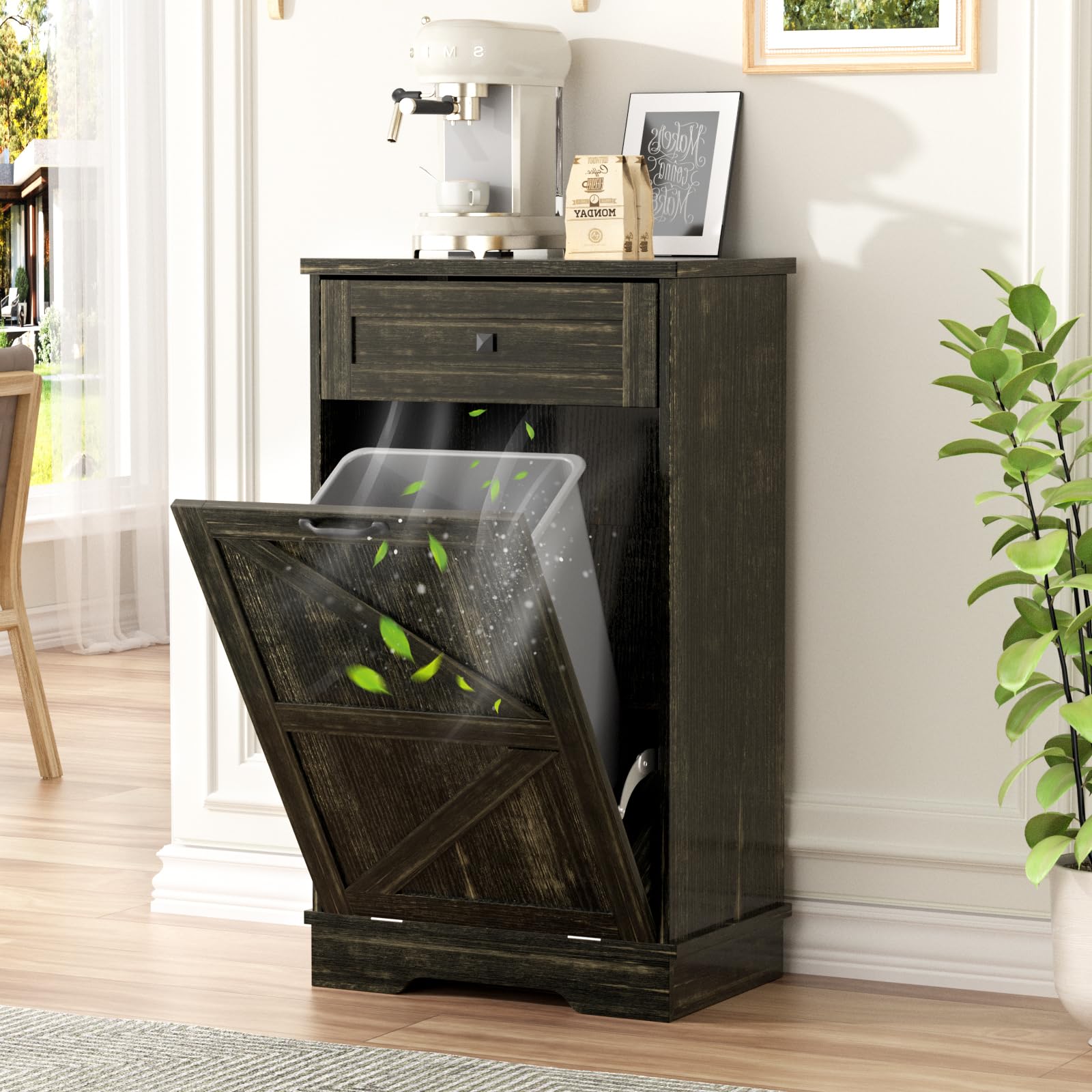13 Gallon Tilt Out Trash Can Cabinet With Natural Rattan, Hidden Trash Can Cabinet With Deodorizing Function, Laundry Cabinet Fo