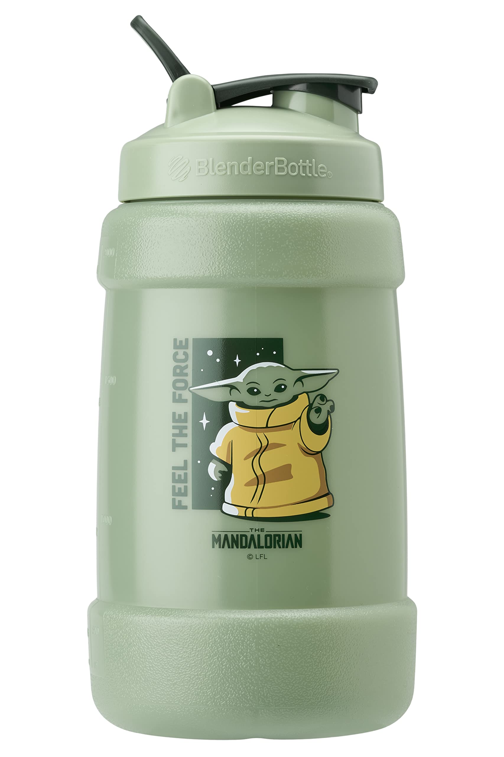 BlenderBottle Star Wars Mandalorian Half Gallon Water Bottle, Koda Large Water Jug, 74oz, Yoda, Feel The Force, 2.2 Liters