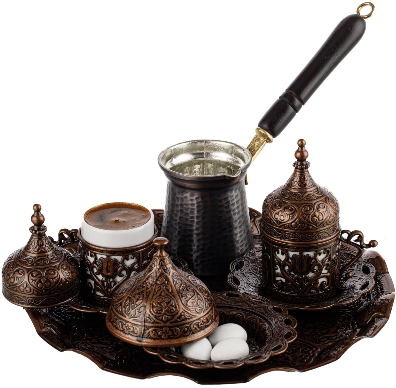 Demmex Turkish Greek Arabic Coffee Making & Serving Full Set With Cups, Saucers, Lids, Sugar Bowl, Tray And Copper Coffee Pot, 1