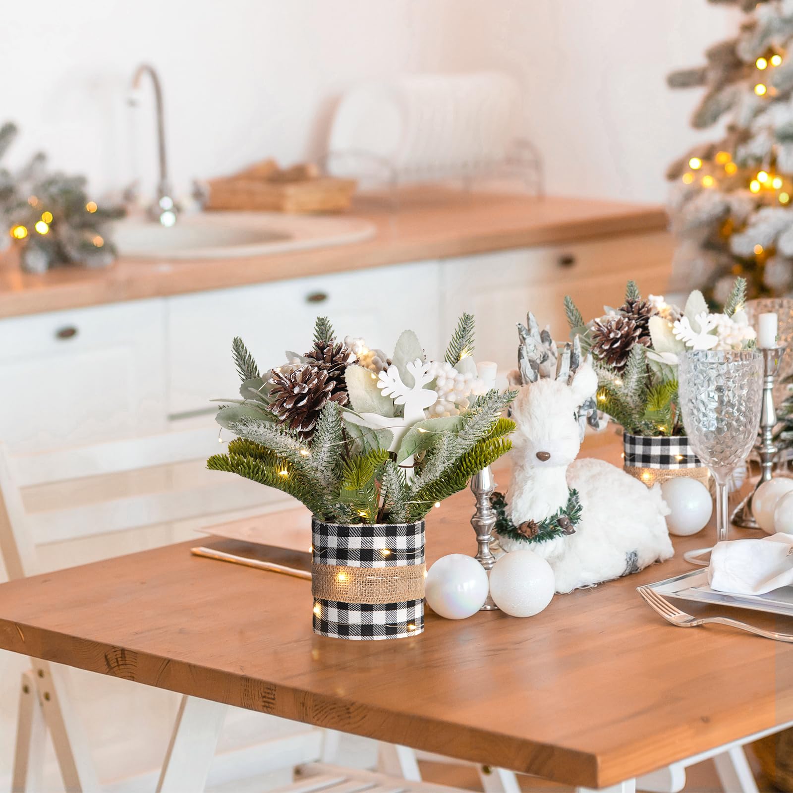 Small Table Top Christmas Tree with Lights, Mini Christmas Tree Decorations with Merry Christmas Reindeer Apple Berries Ornament