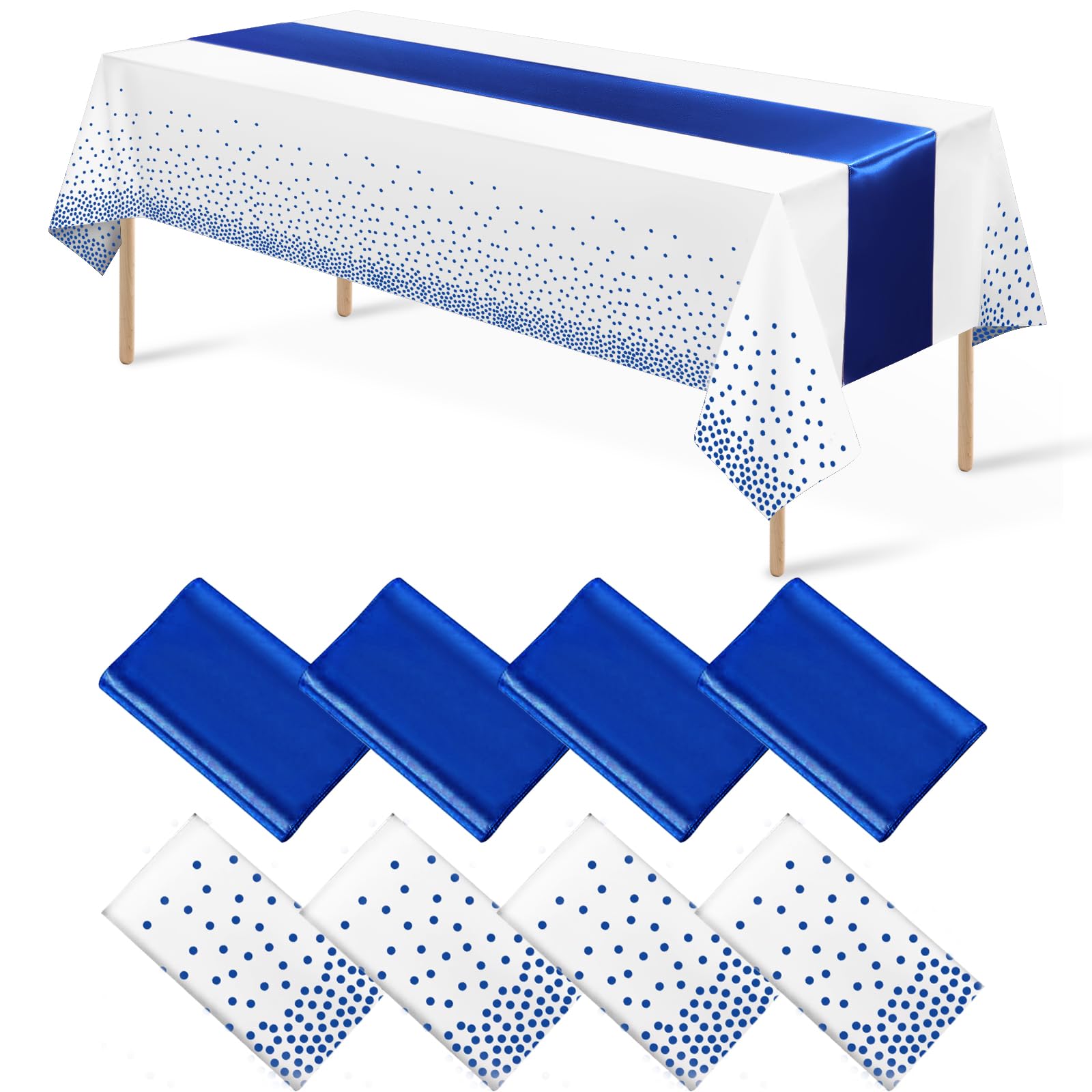 8Pack Disposable Plastic Tablecloths and Satin Table Runner White and Royal Blue Dot Tablecloth Blue Satin Table Runner for Wedd
