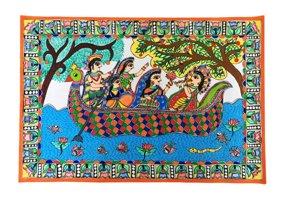 Mini Art Beautiful Mithila Painting Madhubani Painting Women On Boat (22 X 15 Inch)-Unframed