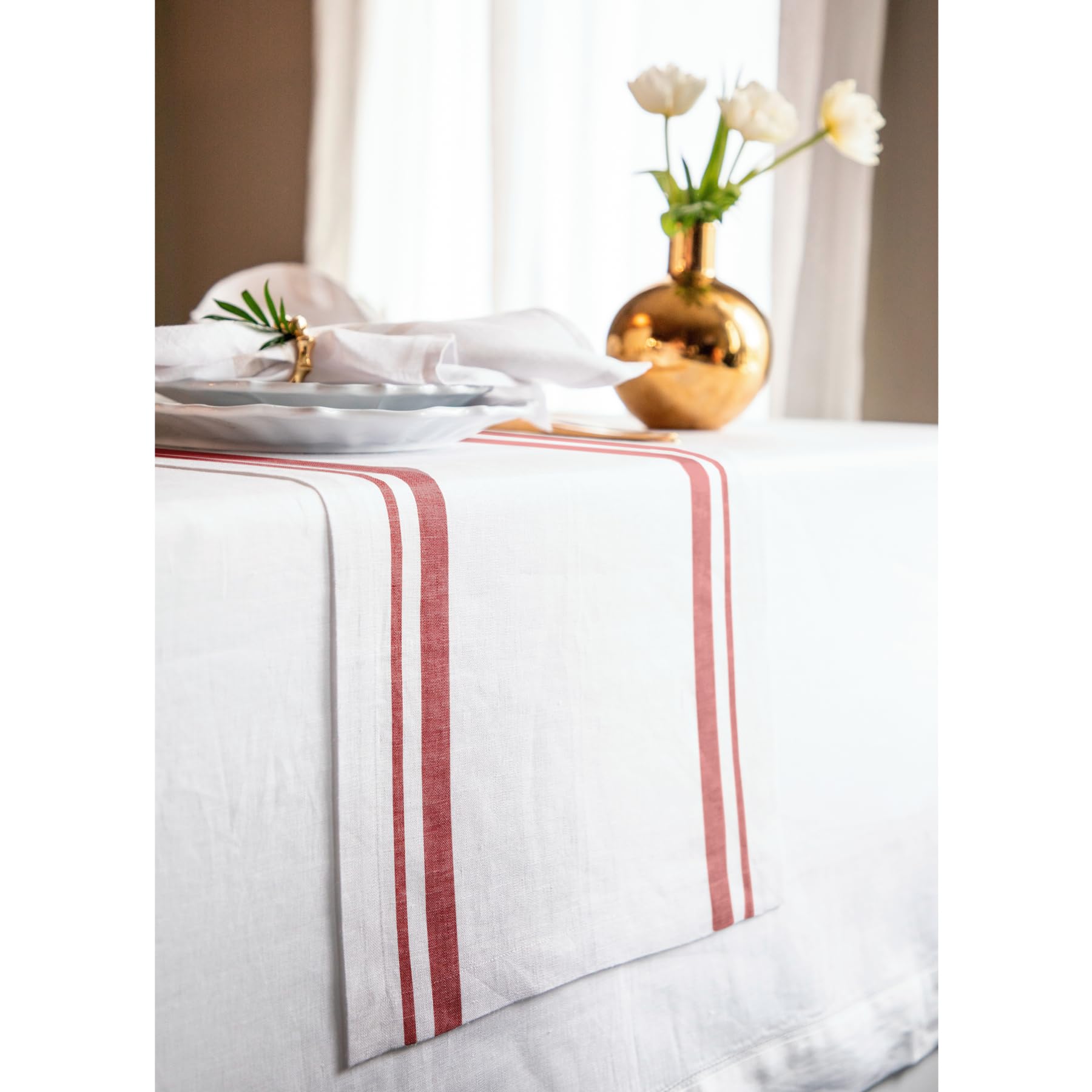 Solino Home Stripe Linen Table Runner 60 Inch - 100% Pure Linen Red And White Short Table Runner 14 X 60 Inch Ideal For Dresser