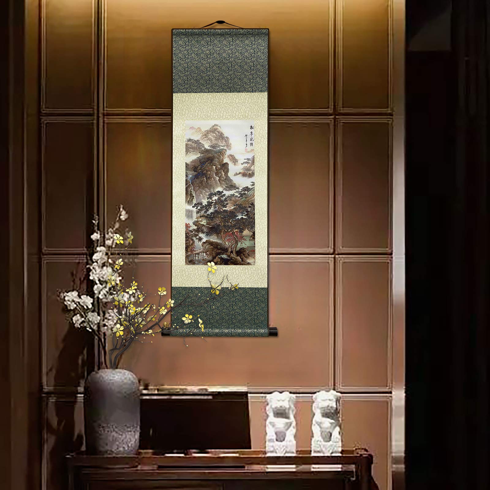 Fovnot Chinese Landscape Painting Decor, Asian Decor For Home Beautiful Silk Scroll Painting Chinese Vertical Wall Art Oriental