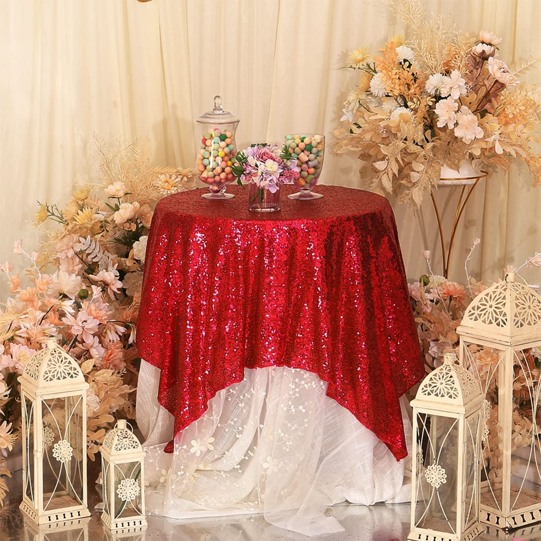 Partydelight Sequin Tablecloth, Sparkly Skirt, Christmas Decor, 50''X50'', Dark Red