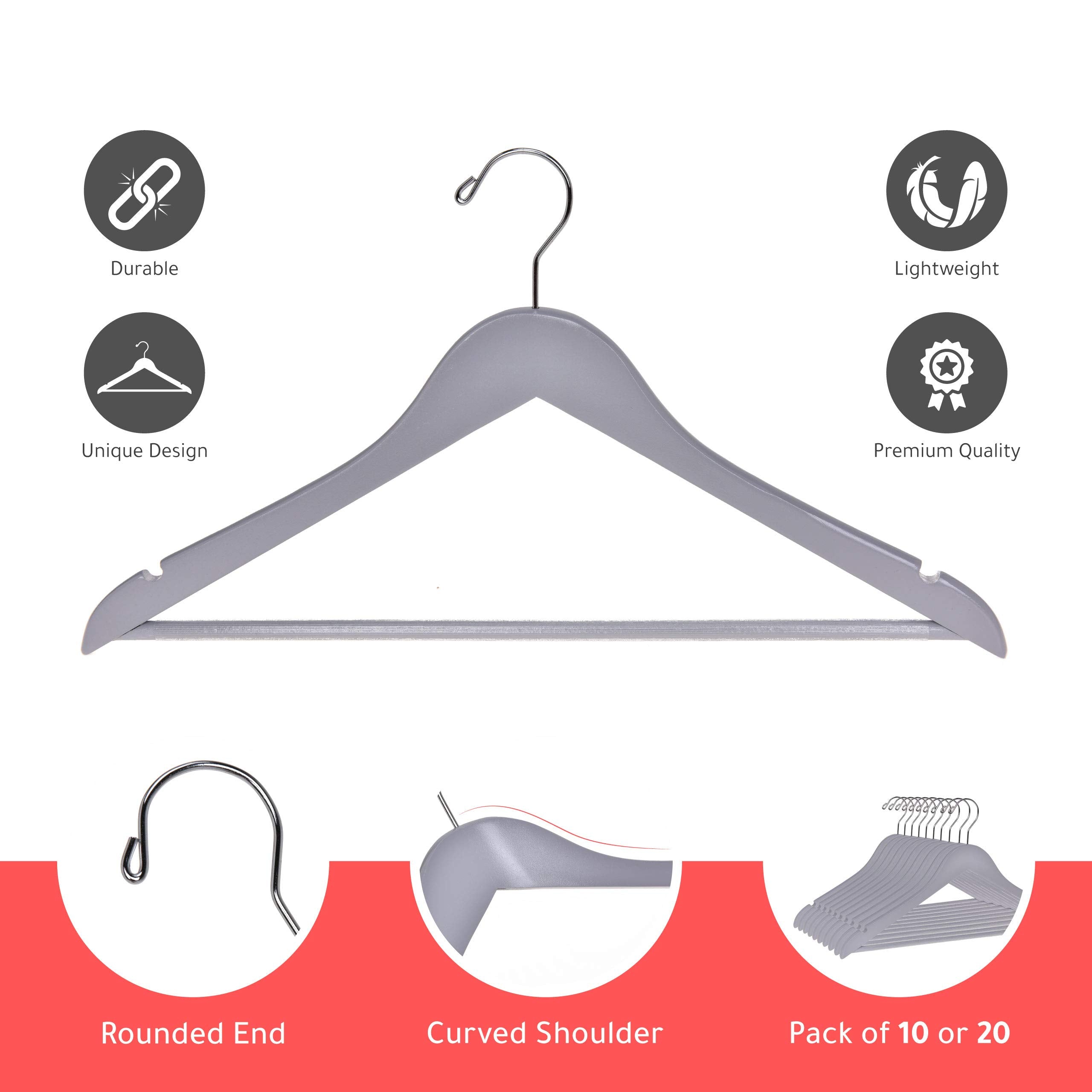 Quality Wooden Hangers - Slightly Curved Hanger Set Of 20-Pack - Solid Wood Coat Hangers With Stylish Chrome Hooks - Heavy-Duty