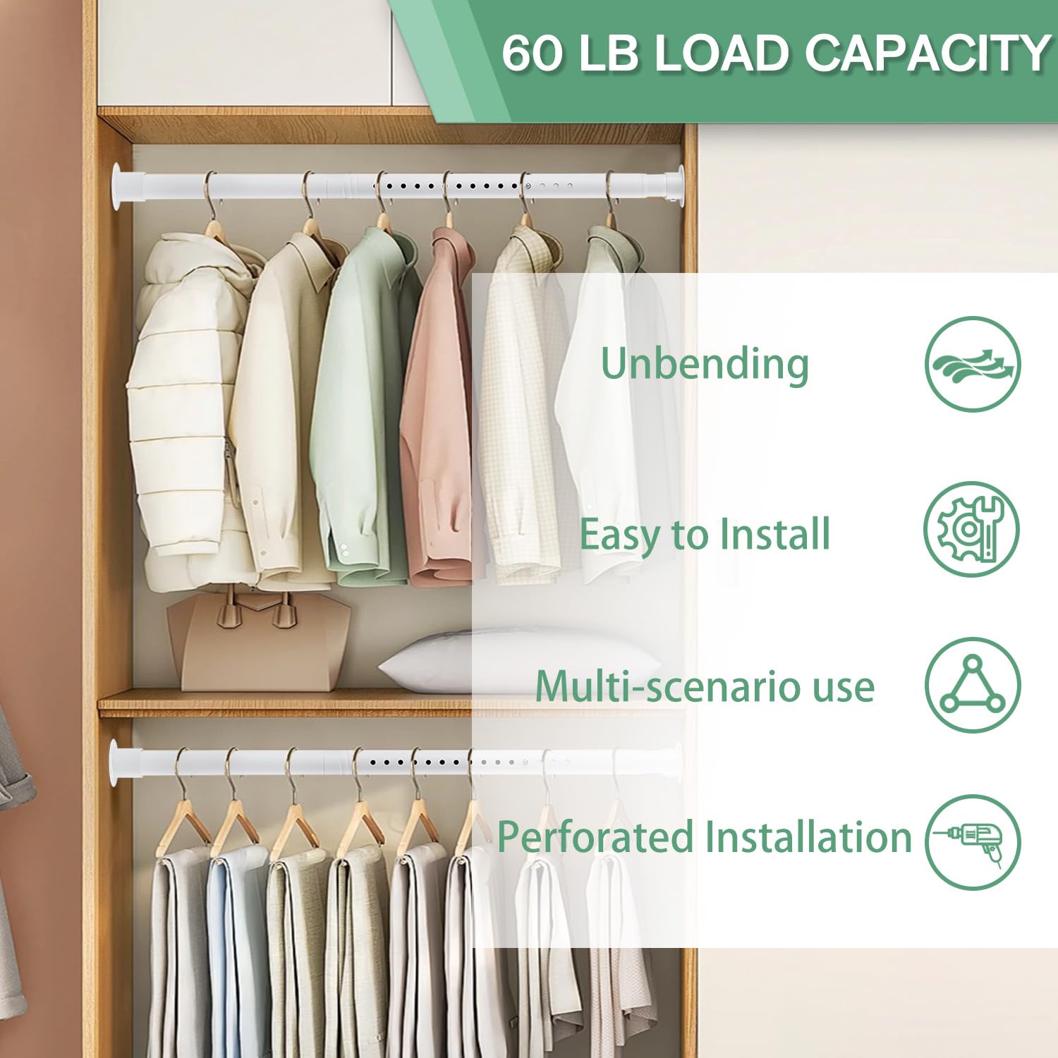 Closet Rods For Hanging Clothes, 1.3 Inch Diameter Heavy Duty Closet Rod 17-39 Inch Adjustable Clothes Hanging Bar Matte White S