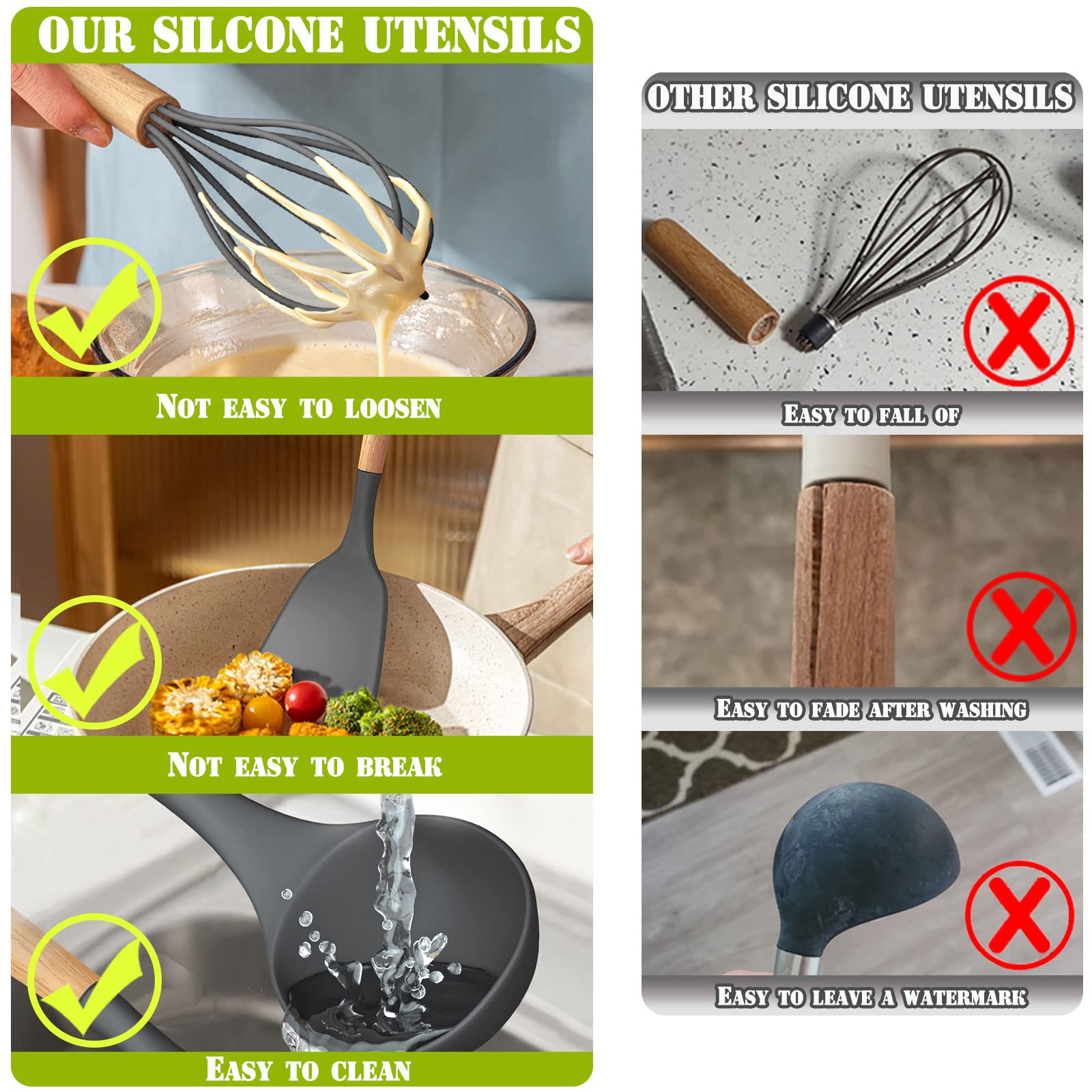 Umite Chef 36Pcs Silicone Kitchen Cooking Utensils With Holder, Heat Resistant Cooking Utensils Sets Wooden Handle, Nonstick Kit