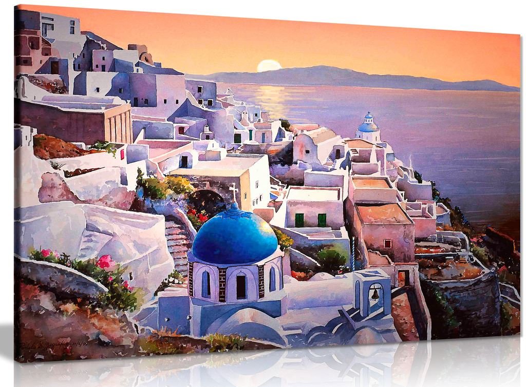 Santorini Greece At Sunset Canvas Wall Art Picture Print (30X20In)