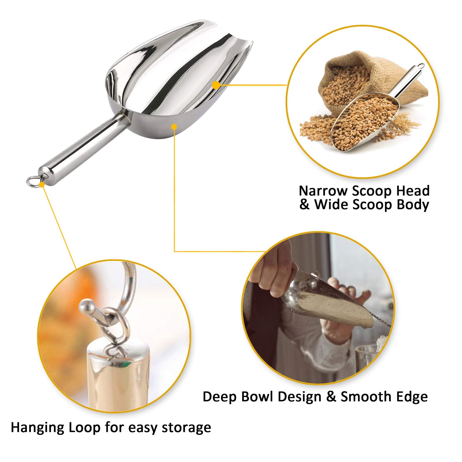 Teamfar Ice Scoop Set Of 3, 3/5 / 8 Oz, Utility Metal Scoop Stainless Steel For Food Candy Popcorn, Healthy & Mirror Finish, Eas
