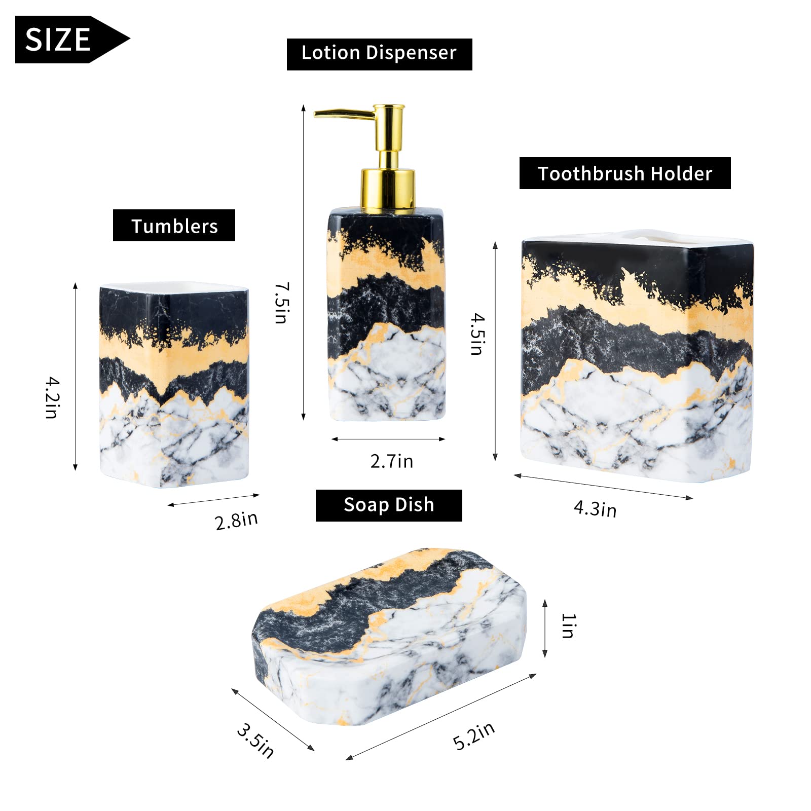 4 Piece Bathroom Accessories Set - Black And White Bathroom Accessories Set Includes Lotion Dispenser, Toothbrush Holder Tumbler