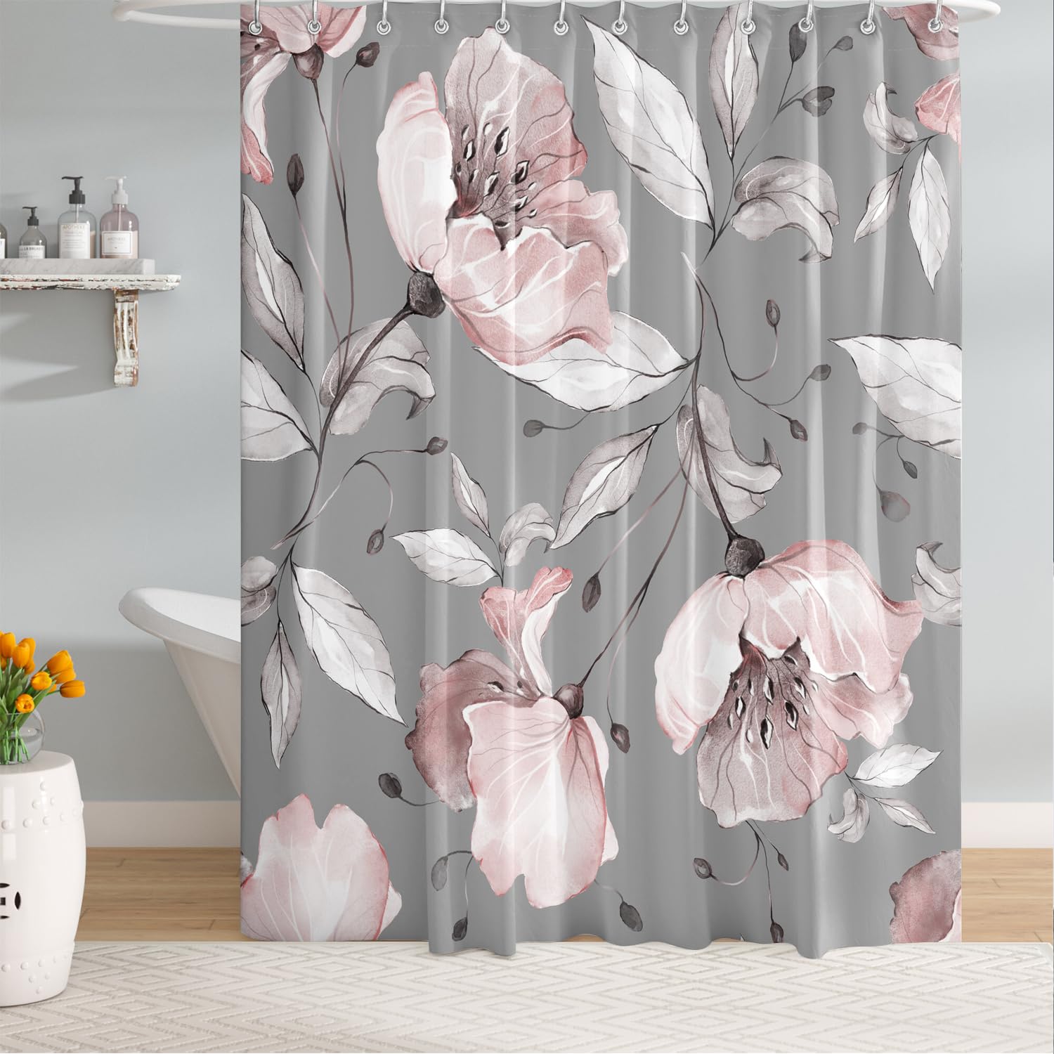 Bivinar Long Pink Flower Shower Curtain 72 X 78 Inch,Floral Botanical Shower Curtain For Bathroom Decor, Wildflower Herb Shower