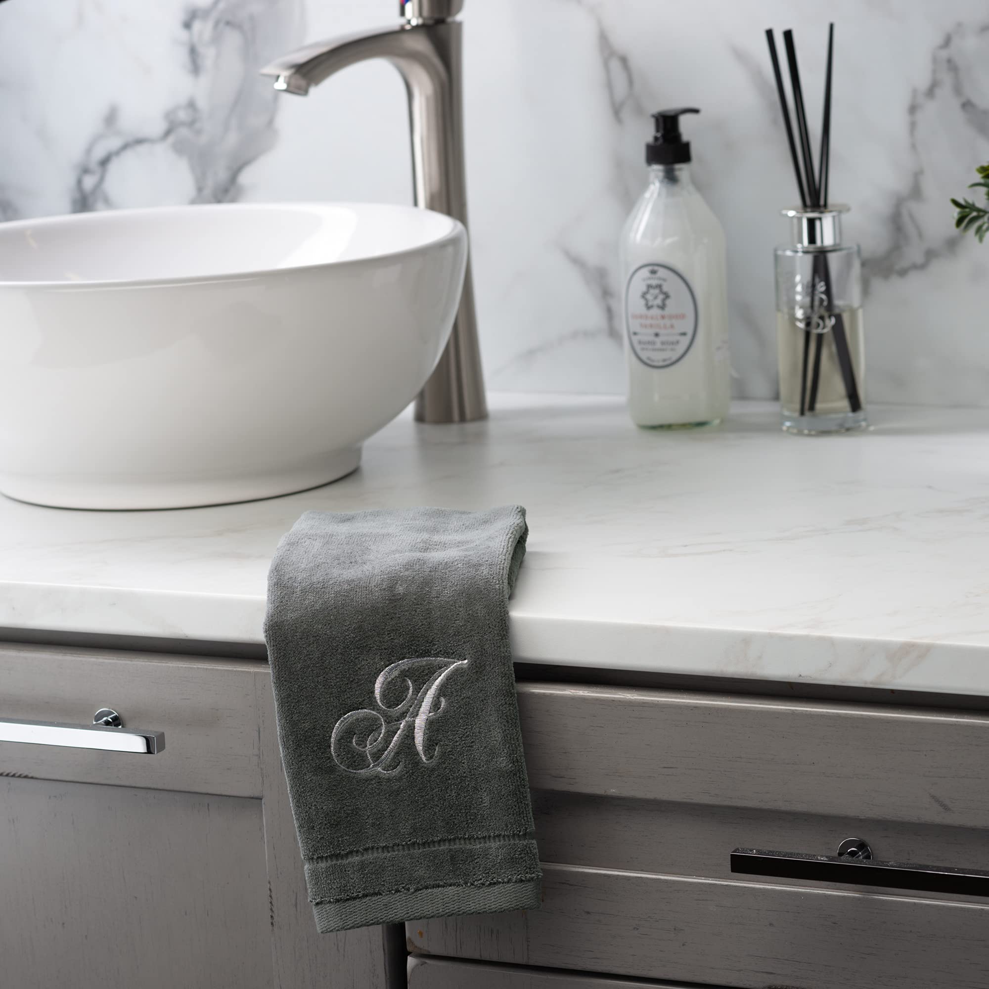 Personalized Initial Fingertip Towels - 2 Pack 11 x 18 Inches - Silver Embroidery On Gray Towel  Modern Monogrammed Towels  Great Initial Gift for Women  Teachers  Friends  Bridesmaids Initial M