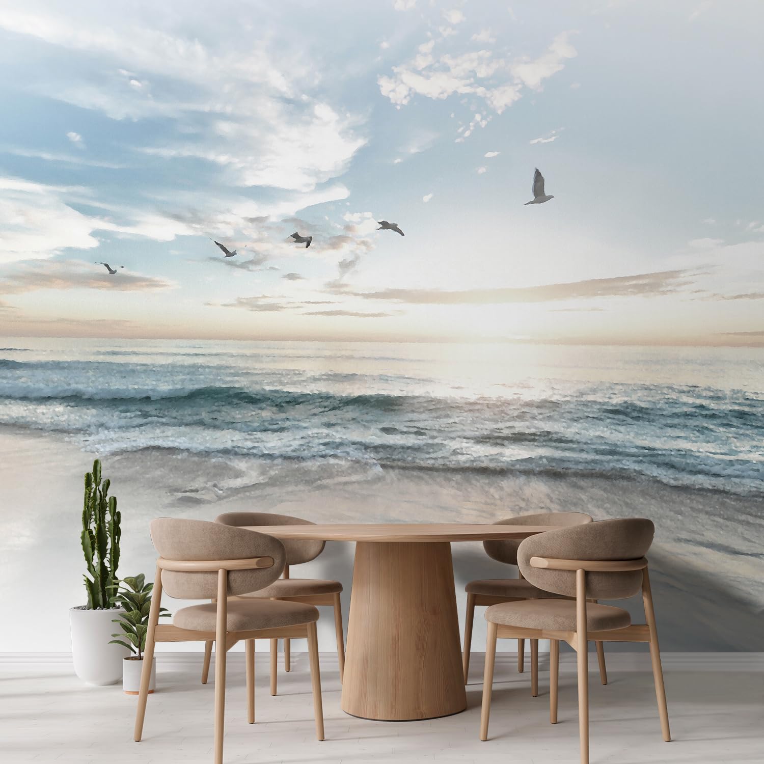 Wall26 - Large Wall Mural - Seacape With Waves On The Beach And Flying Seagulls | Self-Adhesive Vinyl Wallpaper/Removable Modern