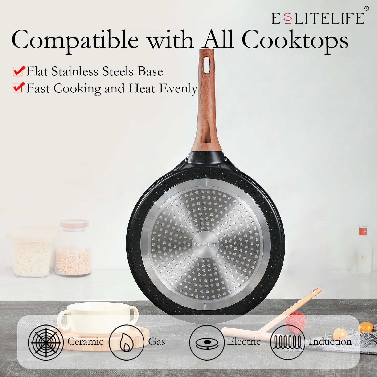 Eslite Life 11 Inch Crepe Pan With Spreader, Nonstick Ceramic Flat Skillet Dosa Tawa Comales Para Tortillas Pancake Pan, Ptfe &