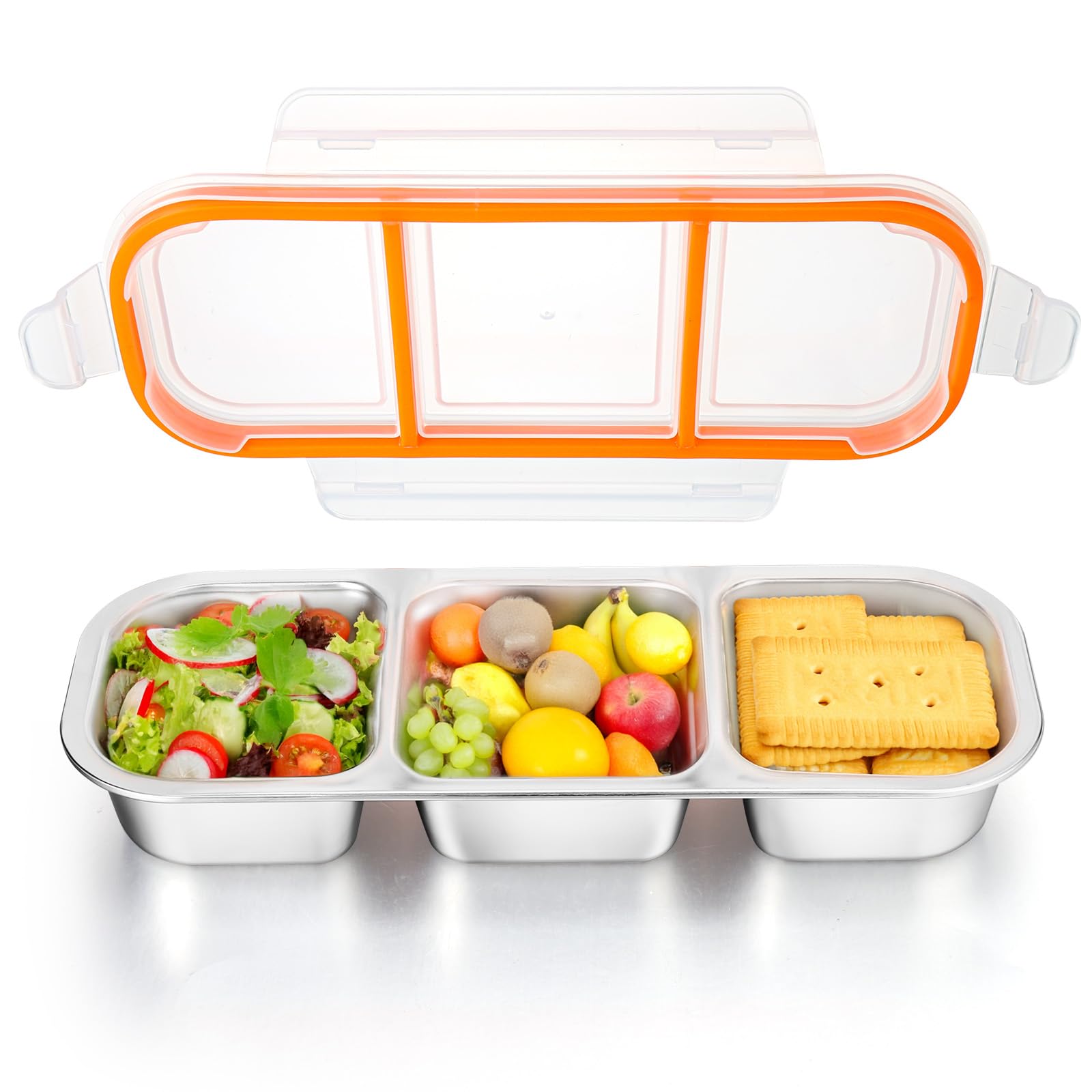 Palksky Stainless Steel Snack Containers, Reusable Condiment Box With Lids, 3 Compartment Sauce Cups, Divided Food Storage Conta