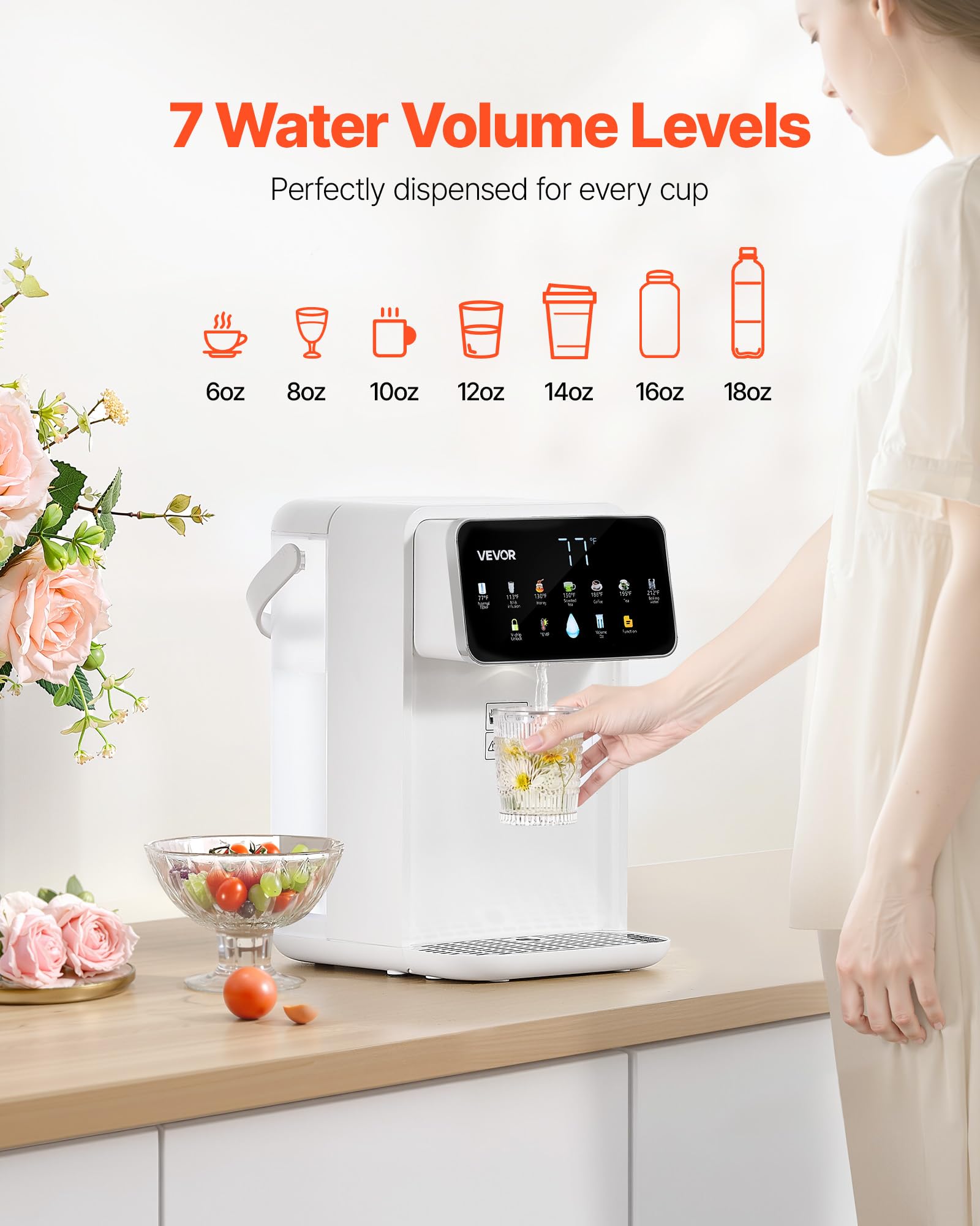 VEVOR Instant Hot Water Dispenser, Countertop Boiling Water Dispenser with Adjustable 7 Temperatures & 7 Water Volumes, 118oz Re