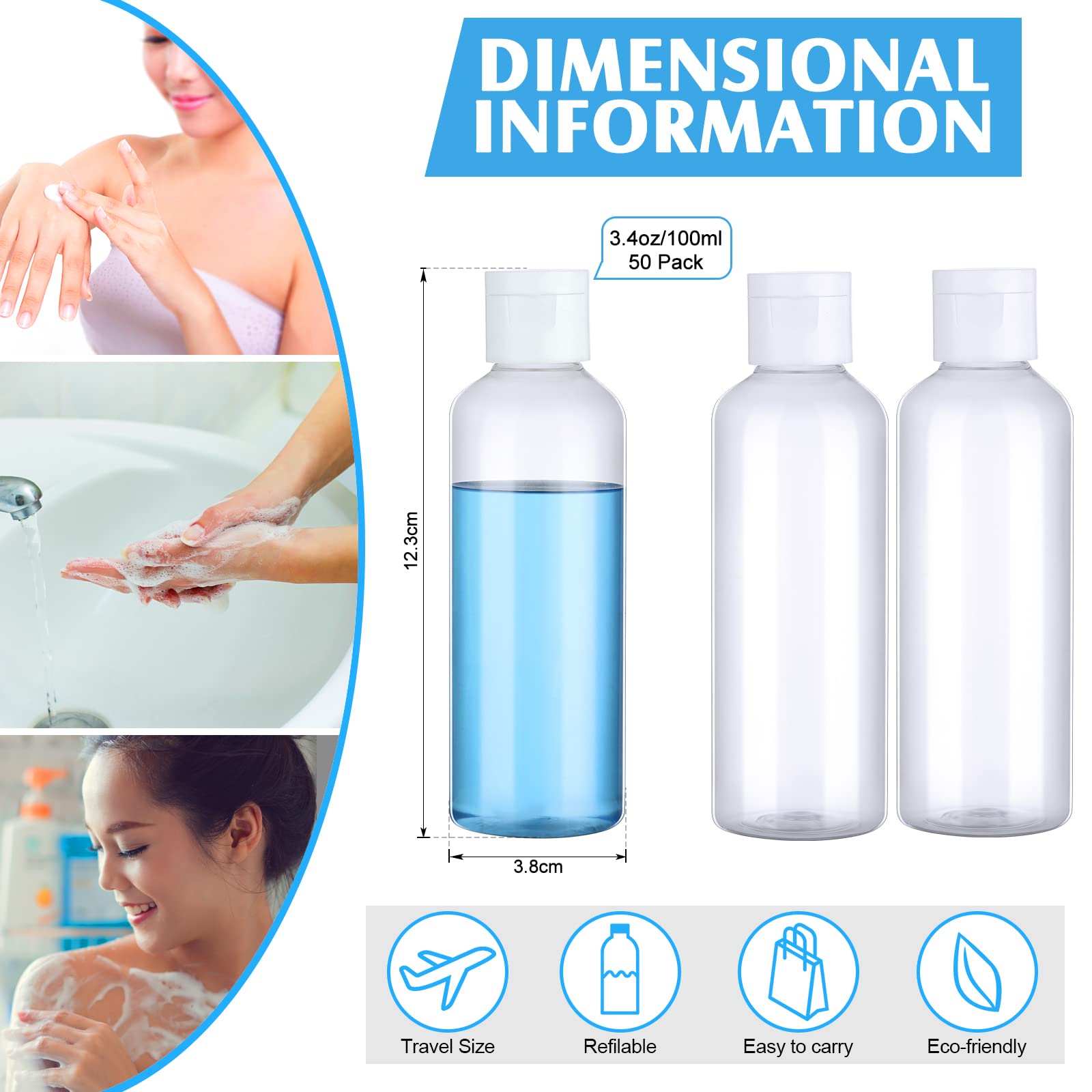 100 Pcs 3.4Oz Small Travel Bottles Plastic Empty Squeeze Bottle Transparent Refillable Shampoo Travel Container With 5 Funnel Fo