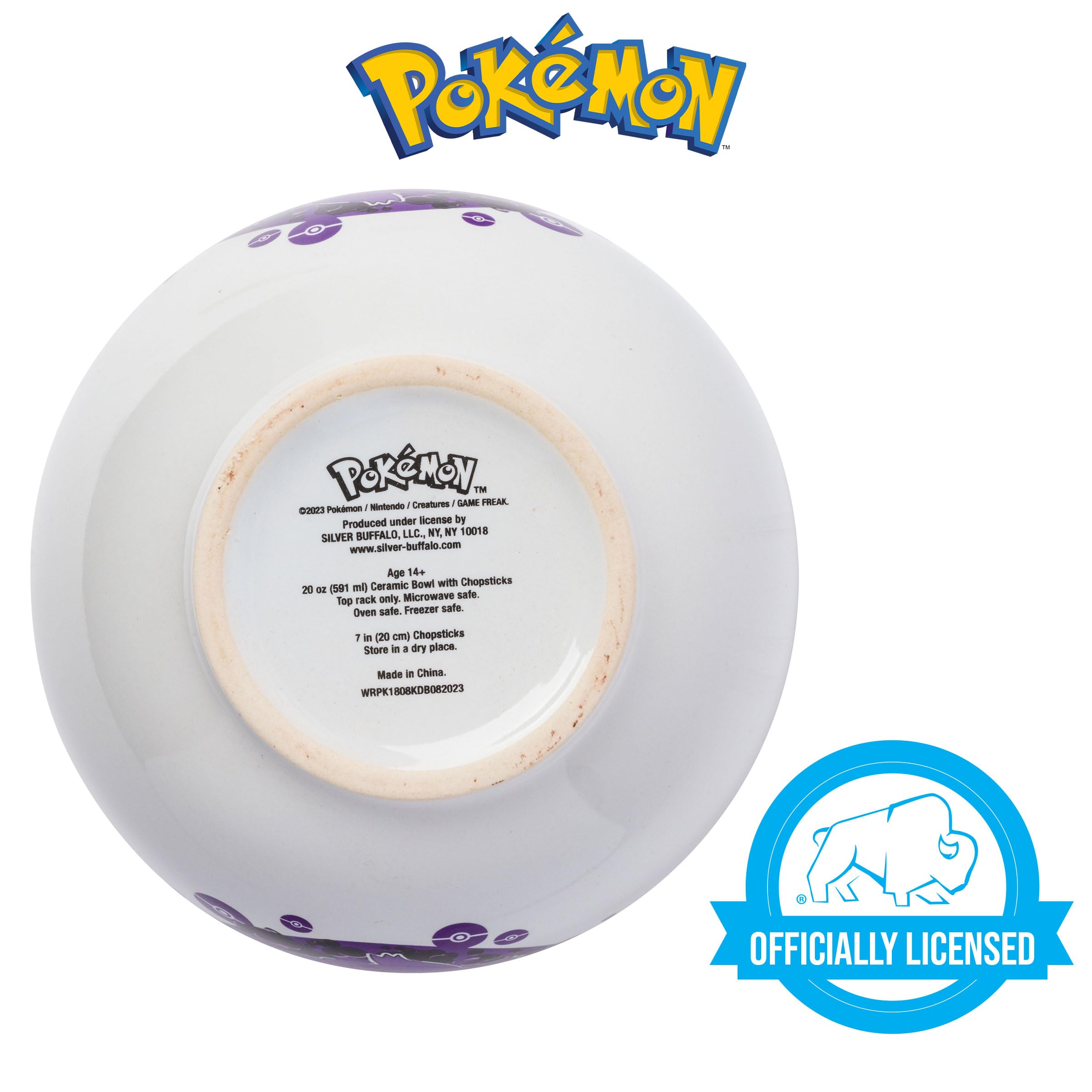Silver Buffalo Pokemon Gengar Pokeball Ceramic Ramen Noodle Rice Bowl With Chopsticks, Microwave Safe, 20 Ounces