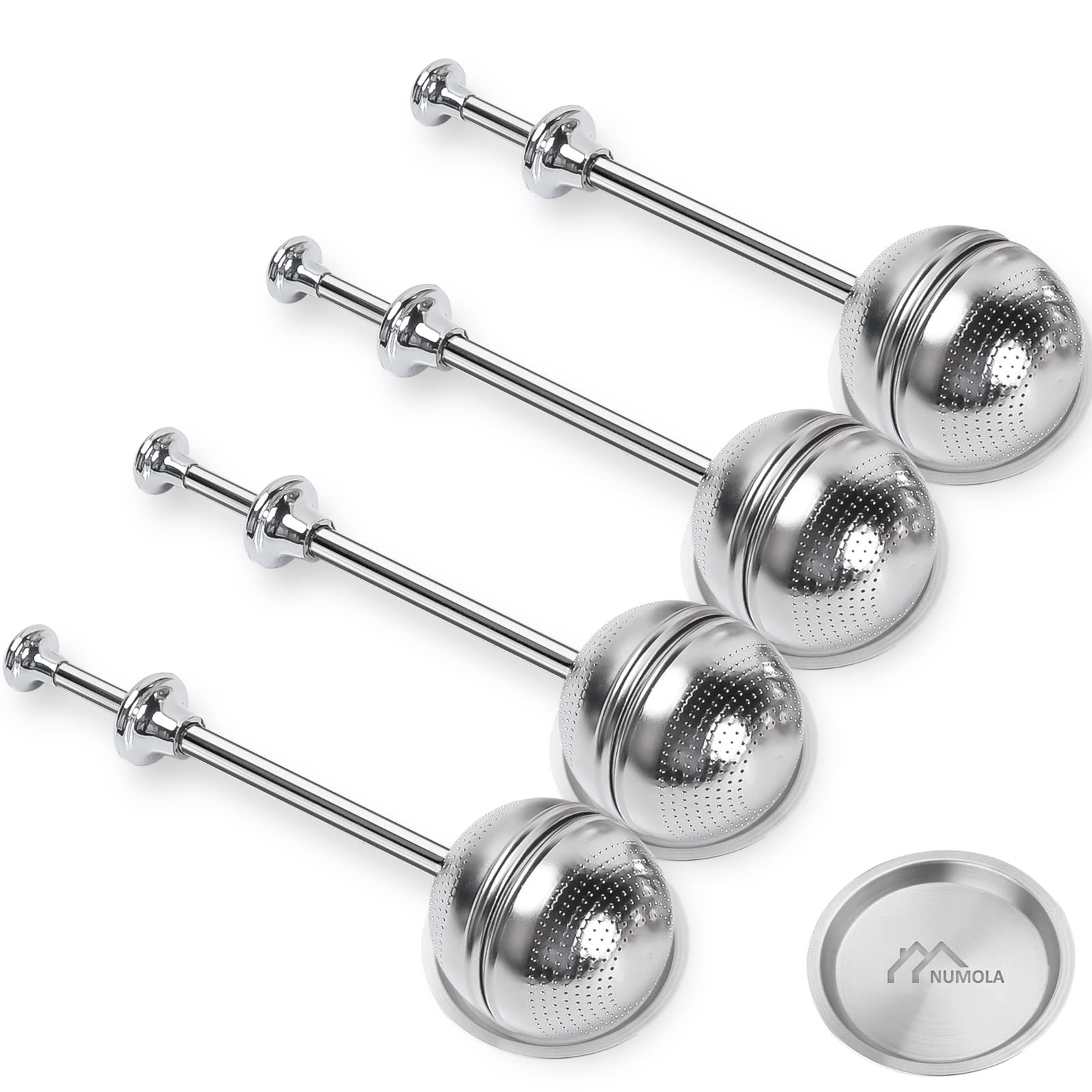 Numola Long Handle Tea Ball Stainless Steel With Drip Trays, 4Pcs Premium Tea Infuser Filter For Loose Leaf Tea, Reusable Fine M